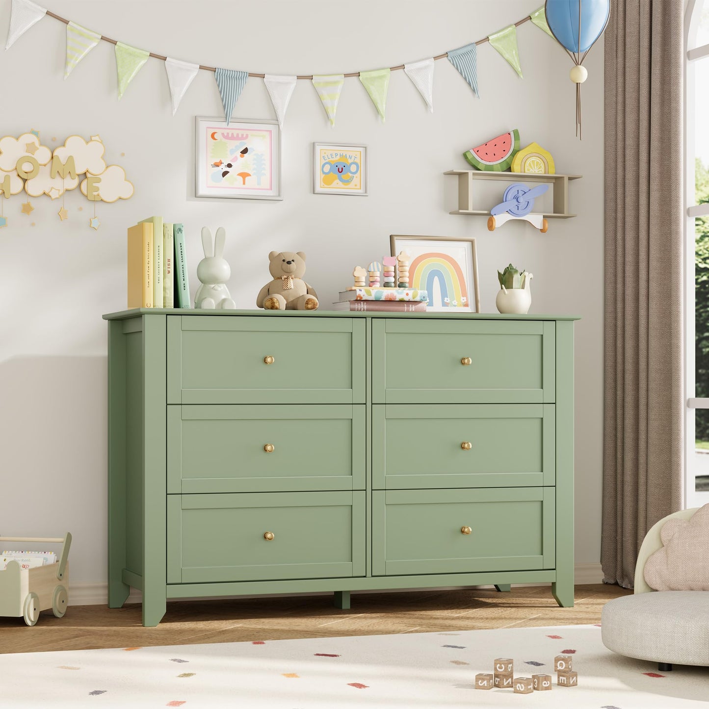 IDEALHOUSE Sage Green 6 Drawer Dresser for Bedroom, Large Dresser with Deep Drawers & Metal Knobs, Modern Wooden Chests of Drawers for Entryway, Hallway
