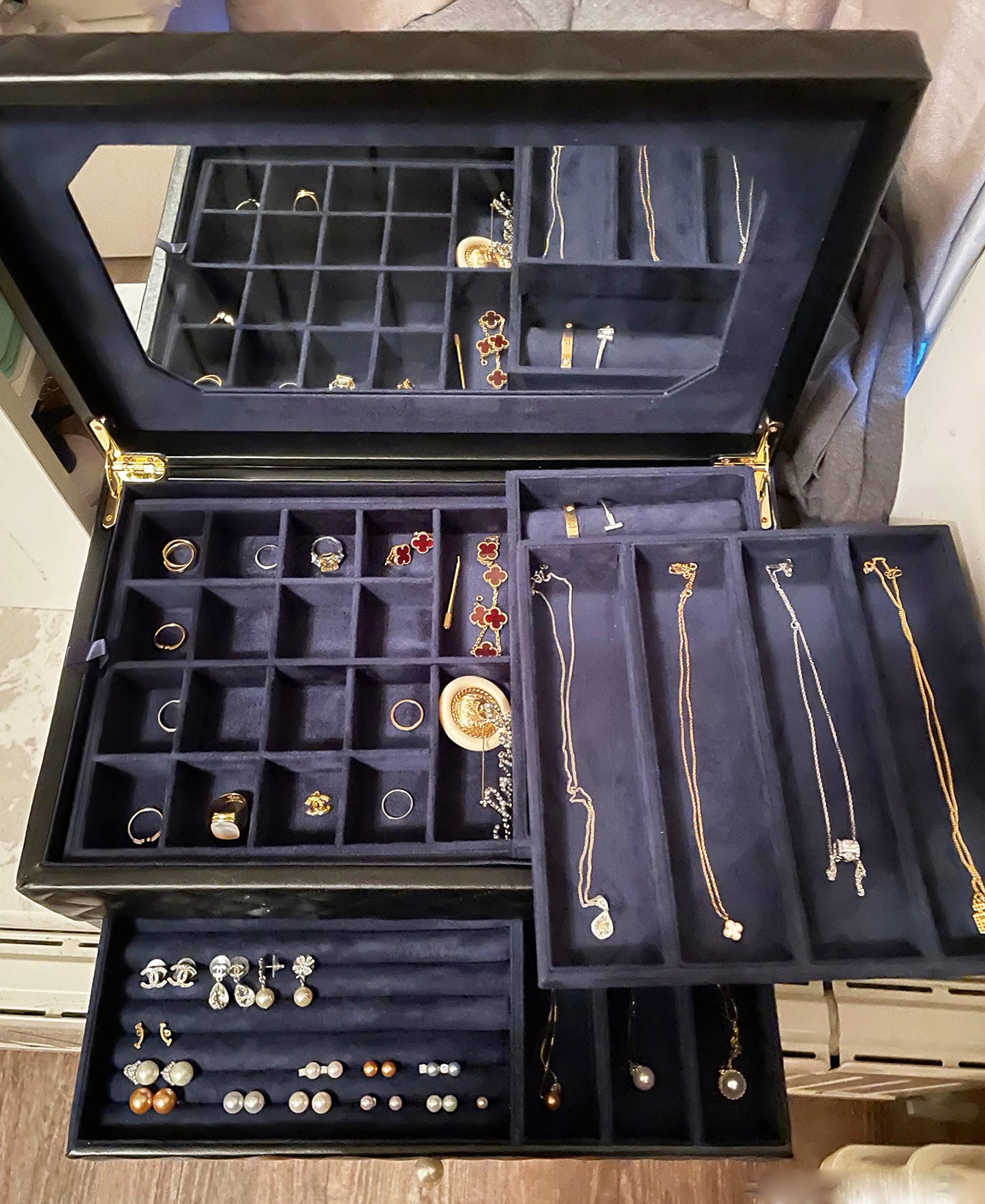 SANSREPONSE Wooden Extra Large Jewelry Box Organizer Luxurious Faux-Leather with Drawer Trays Mirror Earrings Necklace Ring Rests for Women(Black)