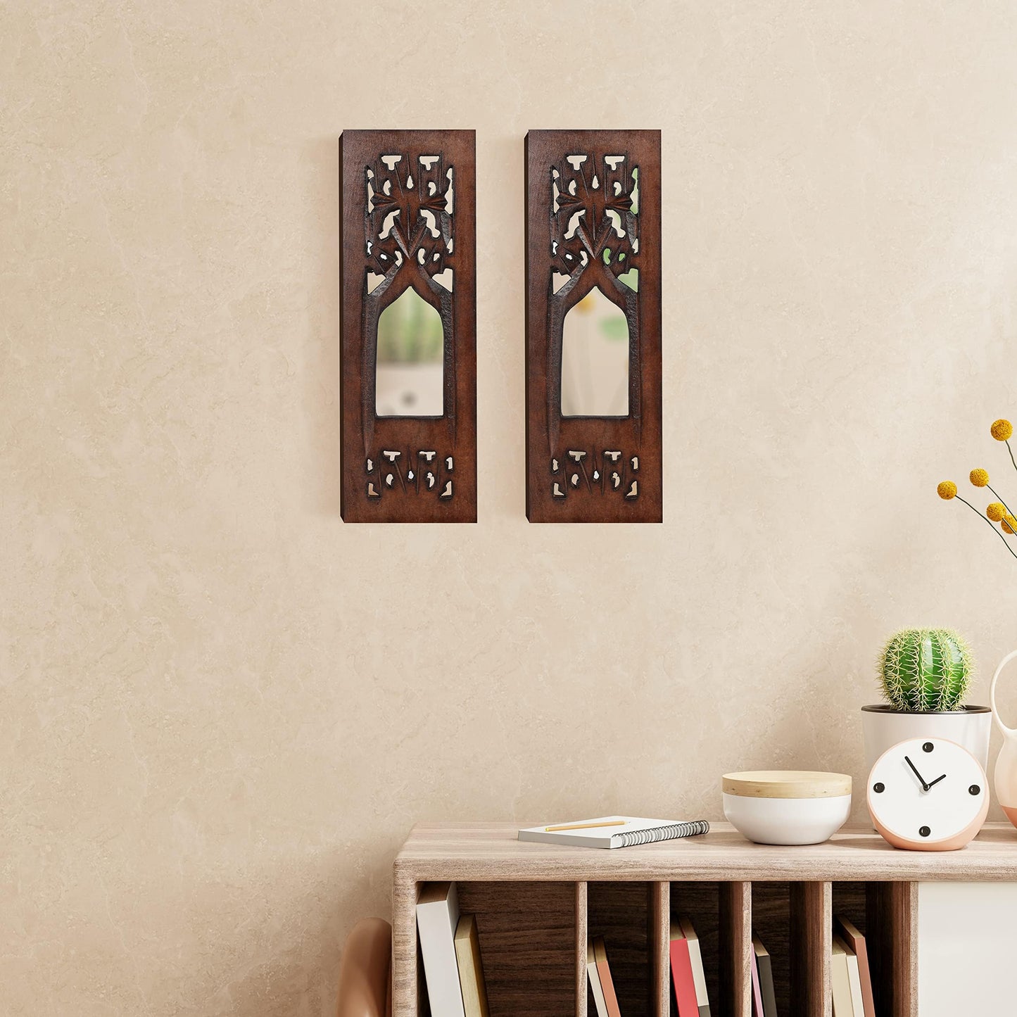 The Wooden Town Wall Hanging Plaques Wall Décor Jharokha With Mirror, Elegant Sculpture Wall Décor Panel to Enhance the Décor of Your Room or Office - 12x4 Inch - Burnt Set of 2