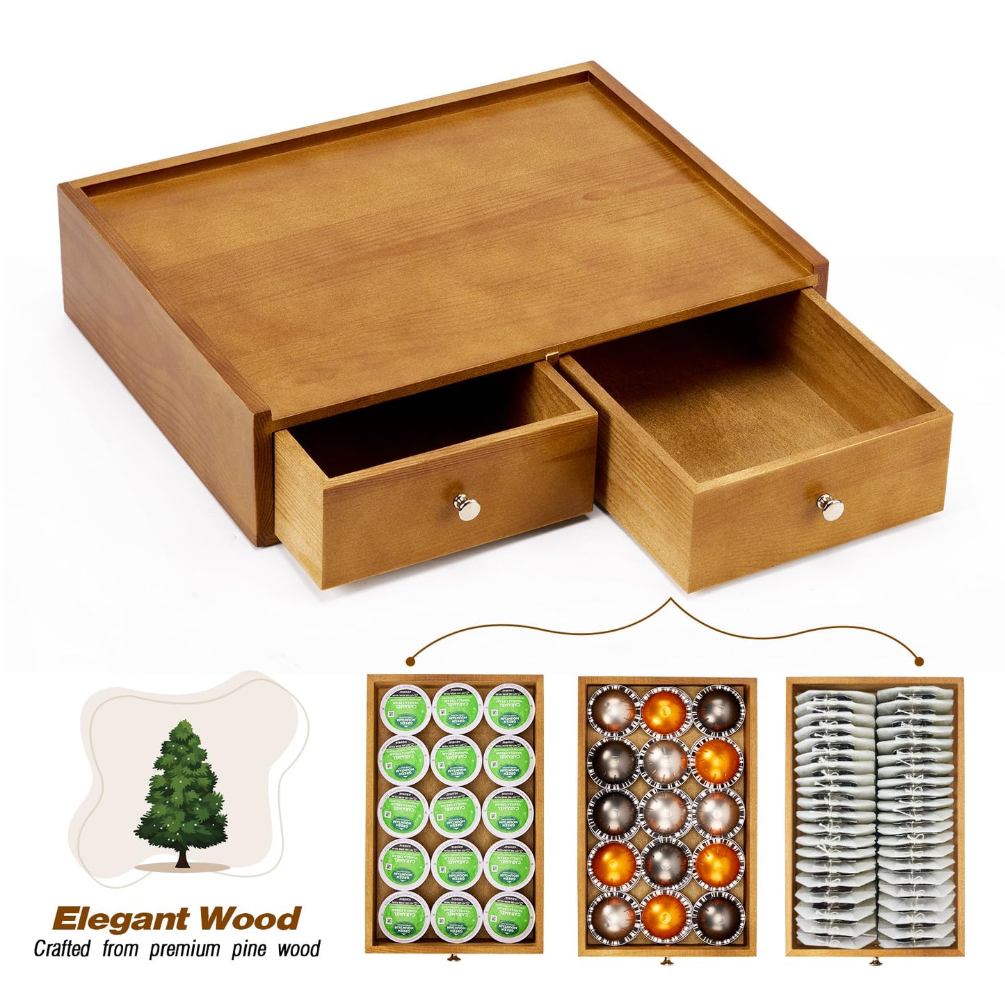 Inlisy 15.8"L X 11.8"W X 4"H Wooden K cup Storage, Keurig Stand With Storage, Coffee Pod Holder Organizer, Desktop Kitchen Storage with 2 Drawers, 30/40/60 Pod Capacity, Natural