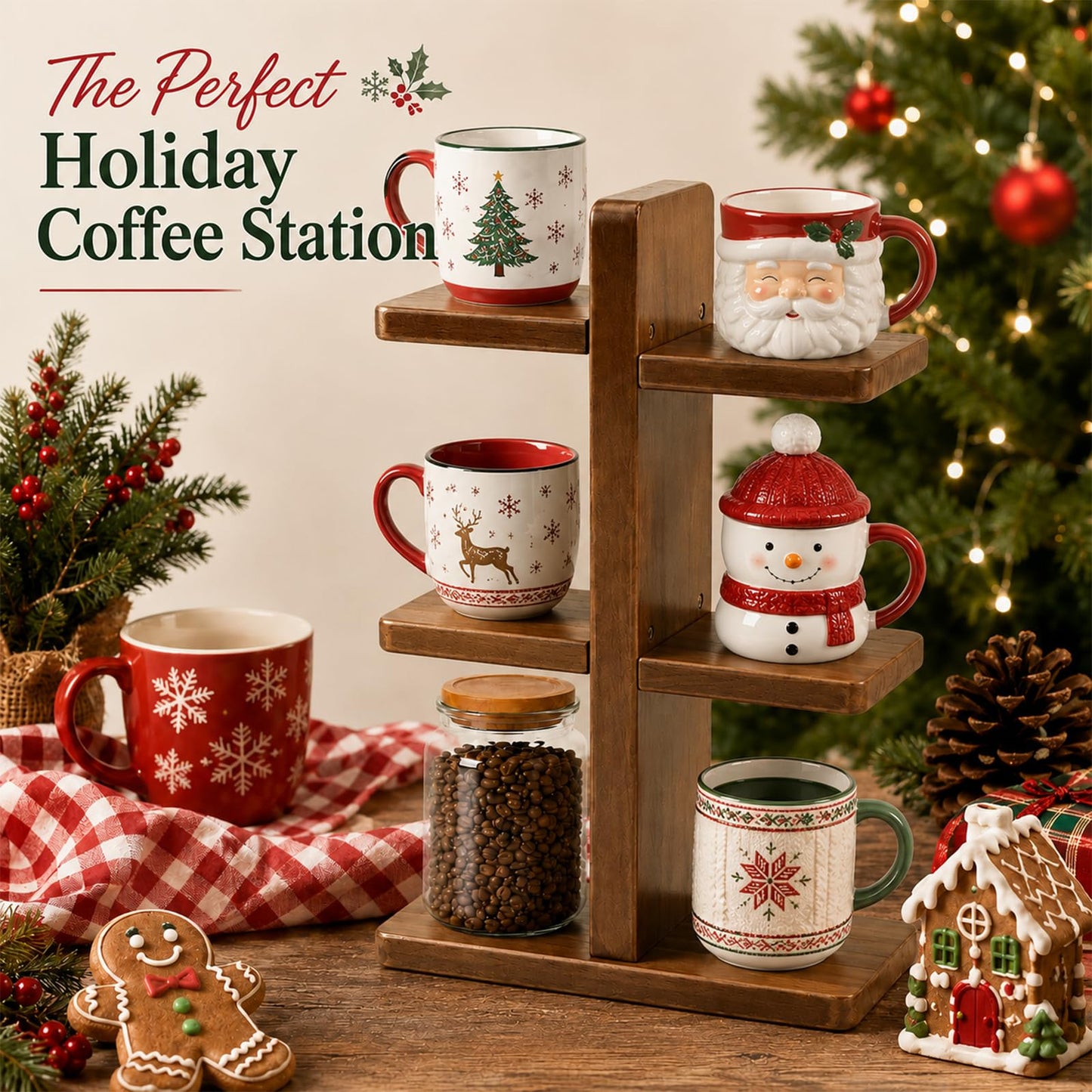 Mug Shelf for Countertop, Wooden Coffee Mug Display Holder