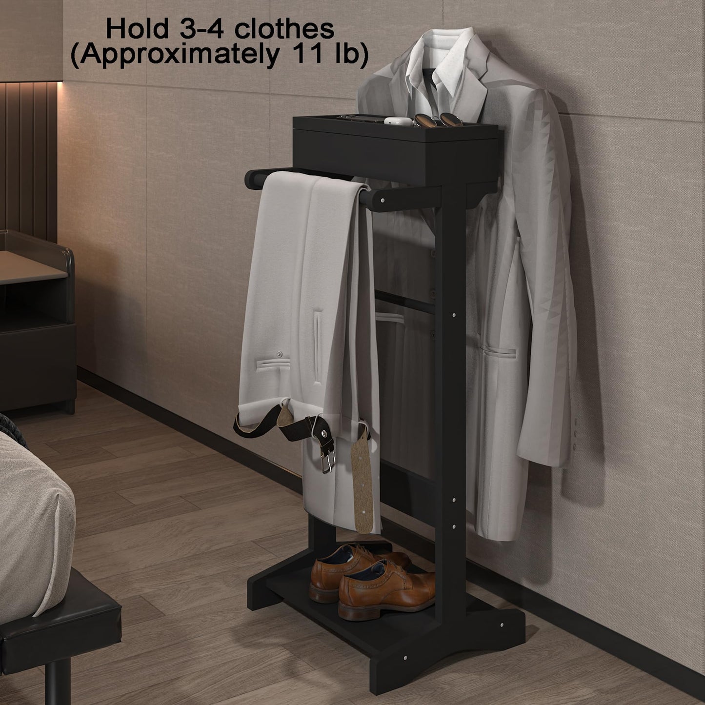 RELAHOGAR Clothes Valet Stand for Men, Wooden Mens Valet Stand with Tray Organizer, Shoe Shelf, Hanging Rod and Suit Rack, Freestanding Clothes Rack for Bedroom Entryway Office