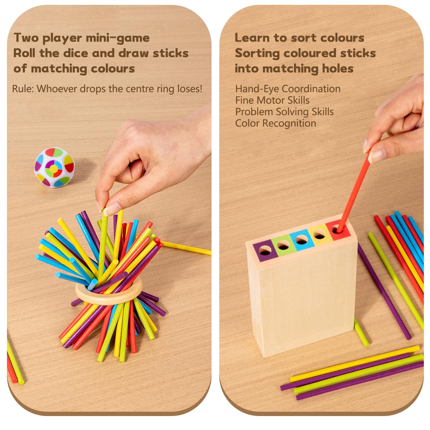 Montessori Toys for 3 Year Old, Wooden Board Game Pick Up Sticks Ball Drop
