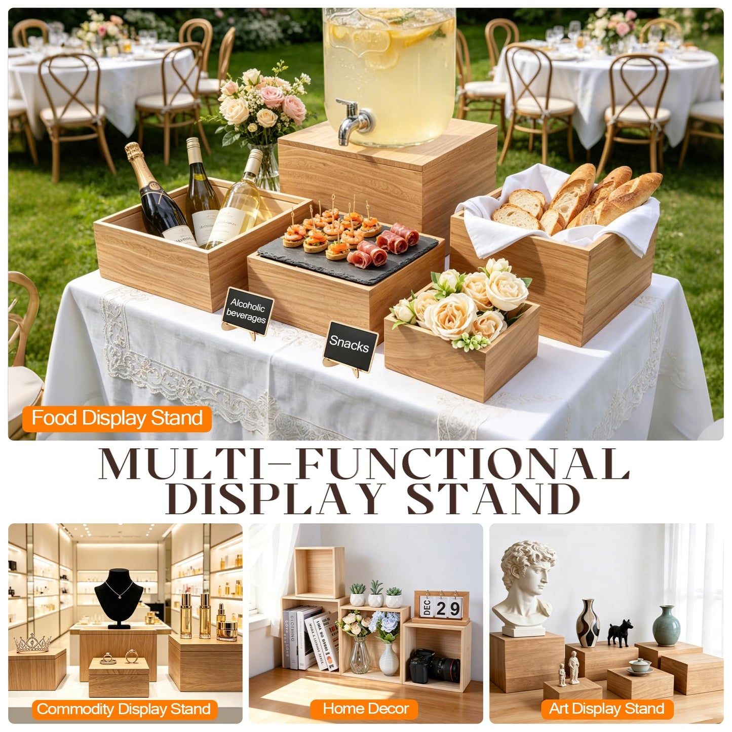 Gleom 9 Pcs Extra Large 12" Wooden Buffet Risers Set with Mini Sign Food Risers for Buffet Table Multi Size Cake Display Stands for Party Wedding Dessert Jewelry Home Decor