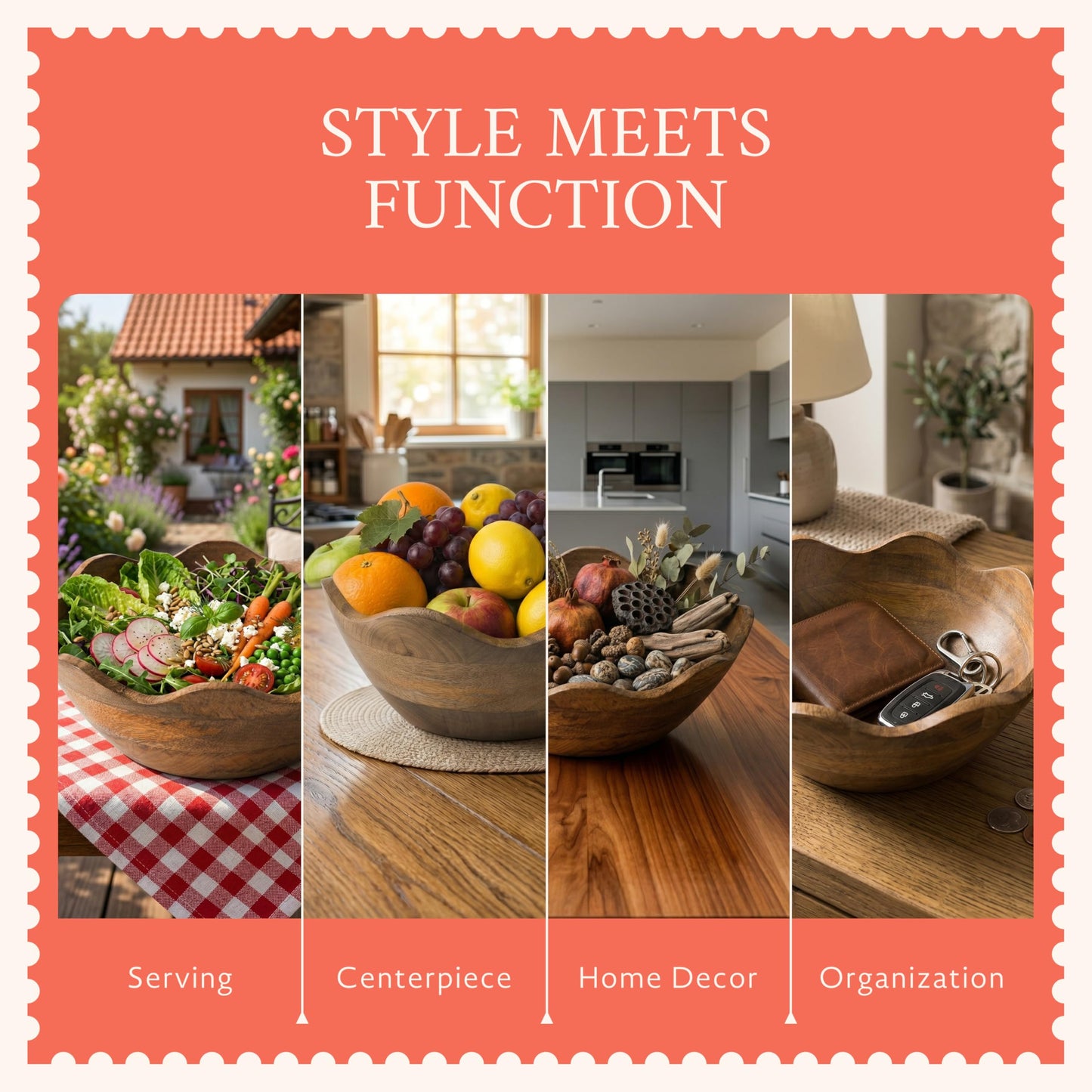 Mela Artisans Set of 2 Scalloped Mango Wood Bowls, 12 in Wide x 4 in Tall and 10 in Wide x 4 in Tall – Hand-Carved Decorative Serving Bowls with Visible Wood Grain
