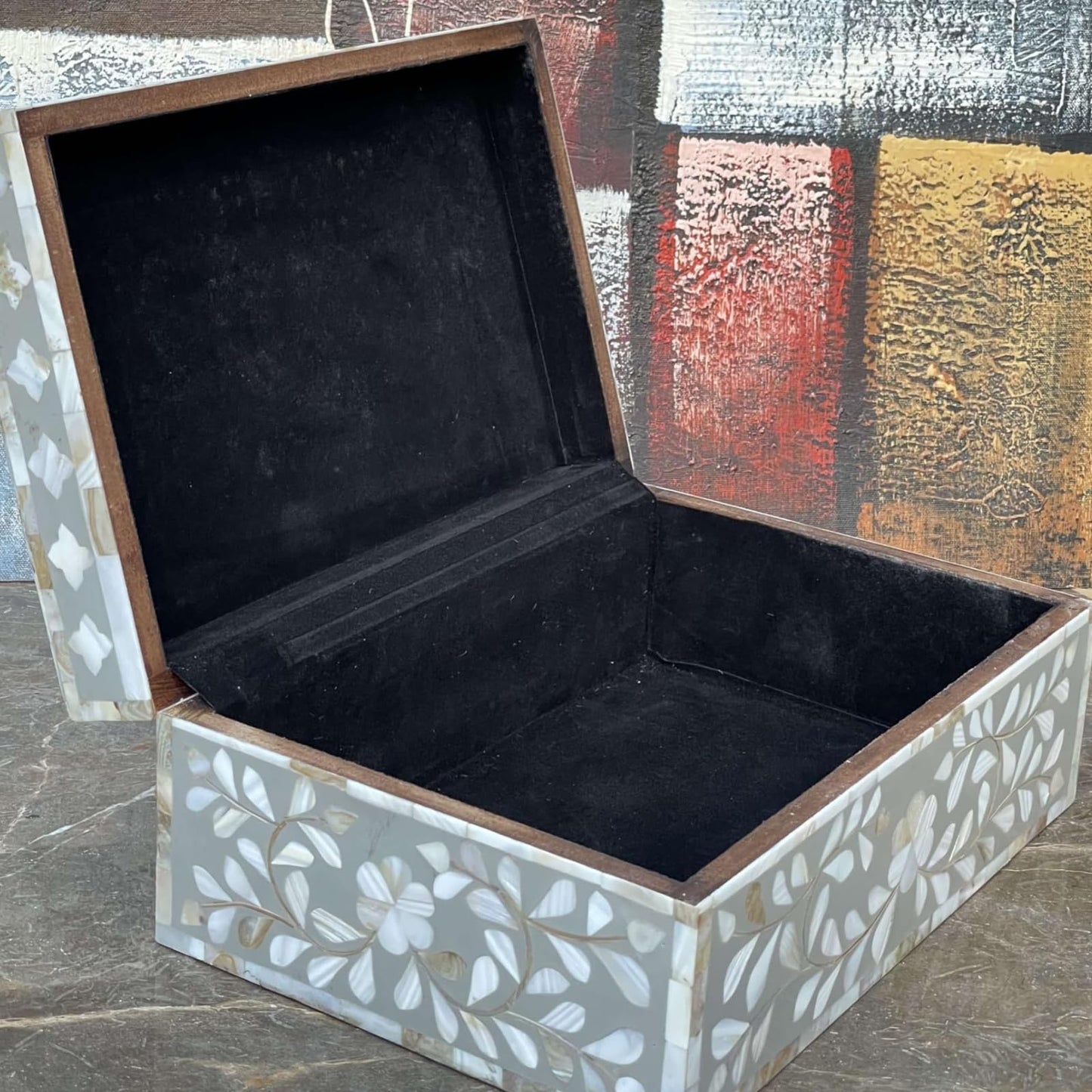 HANDMADE ENTARO Decorative Wooden Storage Box with Mother of Pearl Inlay – Elegant Floral Design – Perfect for Home Décor in Living Room, Dining Area, or Bedroom (Grey, 9x6x3.5 inch)