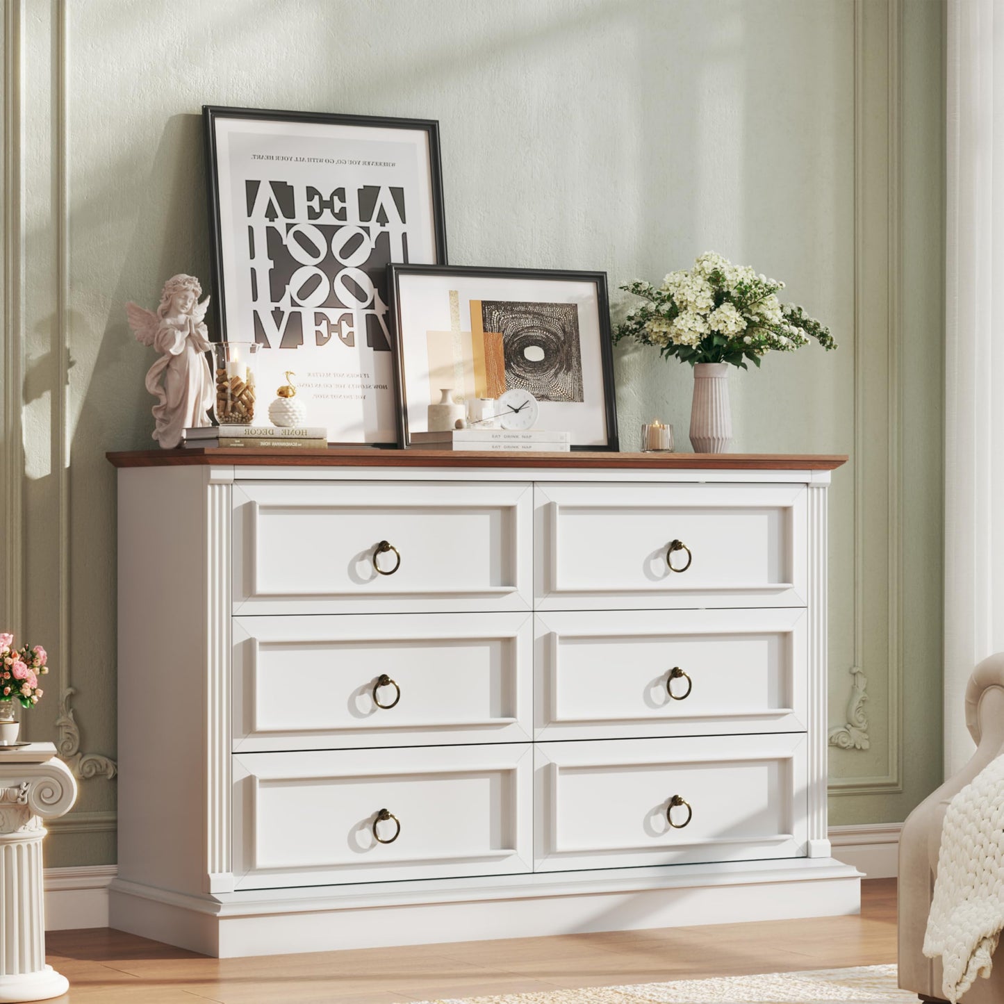 HUAHUU Farmhouse 6 Drawer Dresser for Bedroom, 47" Wide Chest of Drawers with Roman Column, White Wood Dresser with Antique Bronze Circle Handles, Storage Organizer for Living Room, Hallway, Entryway