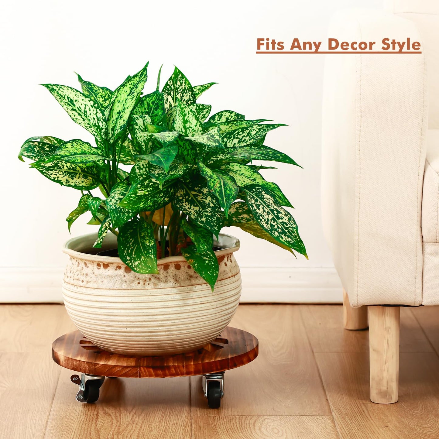 4 Pack Plant Caddy with Wheels Heavy Duty 12 Inch Wooden Plant Stand with Wheels Plant Dolly Rolling Plant Stand Plant Roller with Casters for Indoor and Outdoor with 4 Pack Plant Saucers, Round