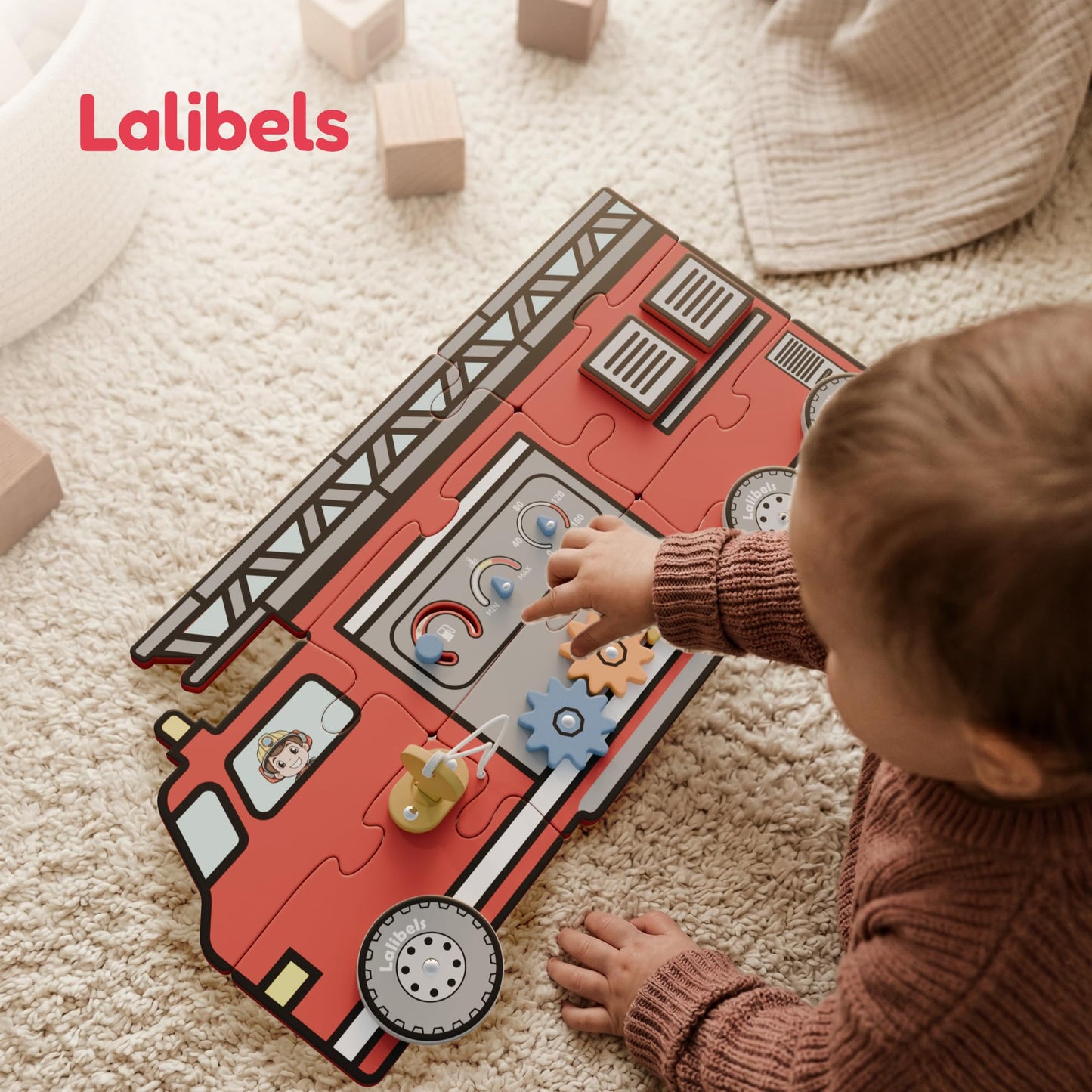Lalibels Large Fire Truck Puzzle & Activity Toy for Toddlers 18 Months+, Montessori Fine Motor Learning Toy, Wooden Firetruck Birthday Gift for Boys Ages 1-3