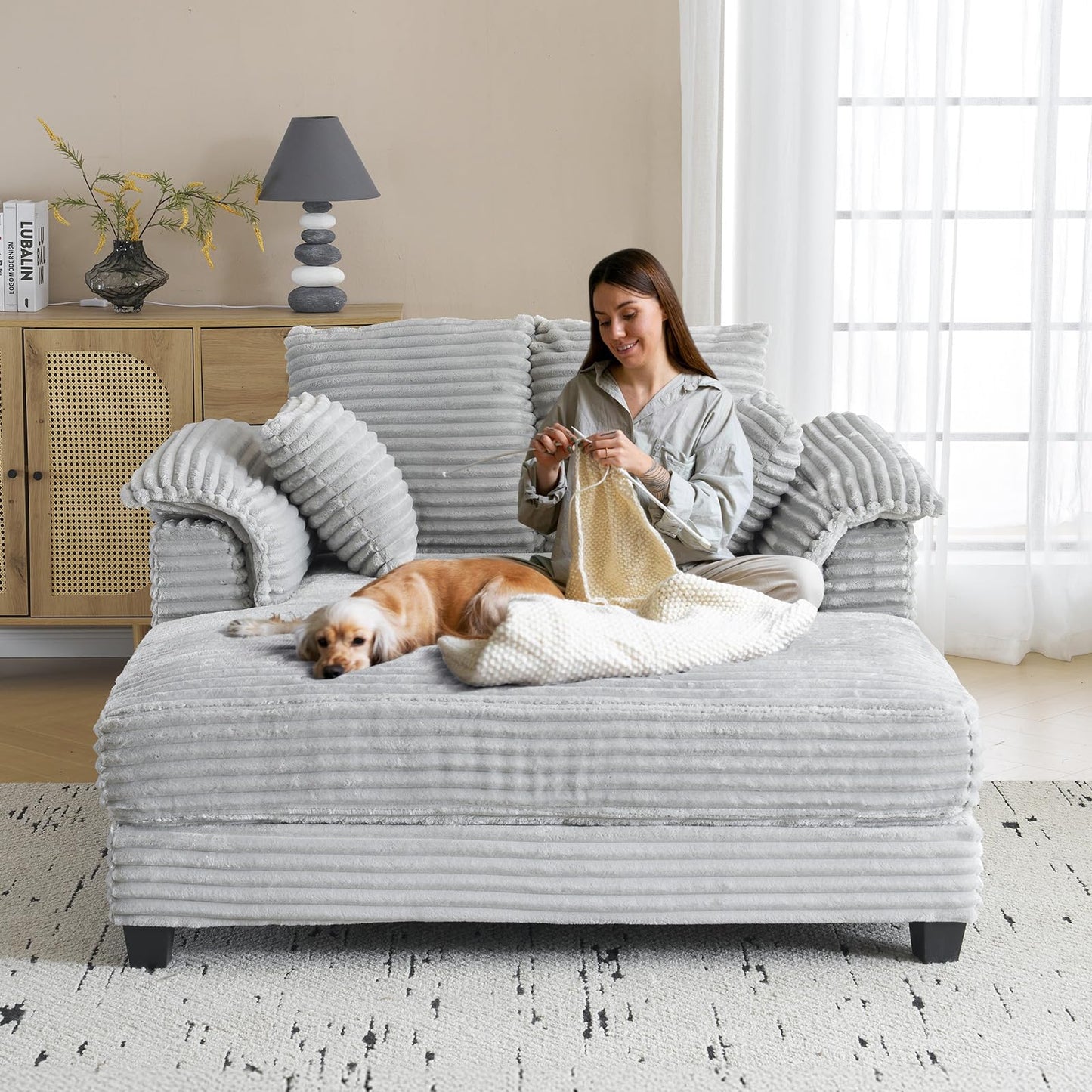 VINGLI 56" Oversized Chaise Lounge Chair, Light Grey Comfy Corduroy Chaise Sofa Recliner Bed Upholstered Sleeper Couch Bed with Throw Pillows and Armrests for Living Room, Movie Room, Bedroom