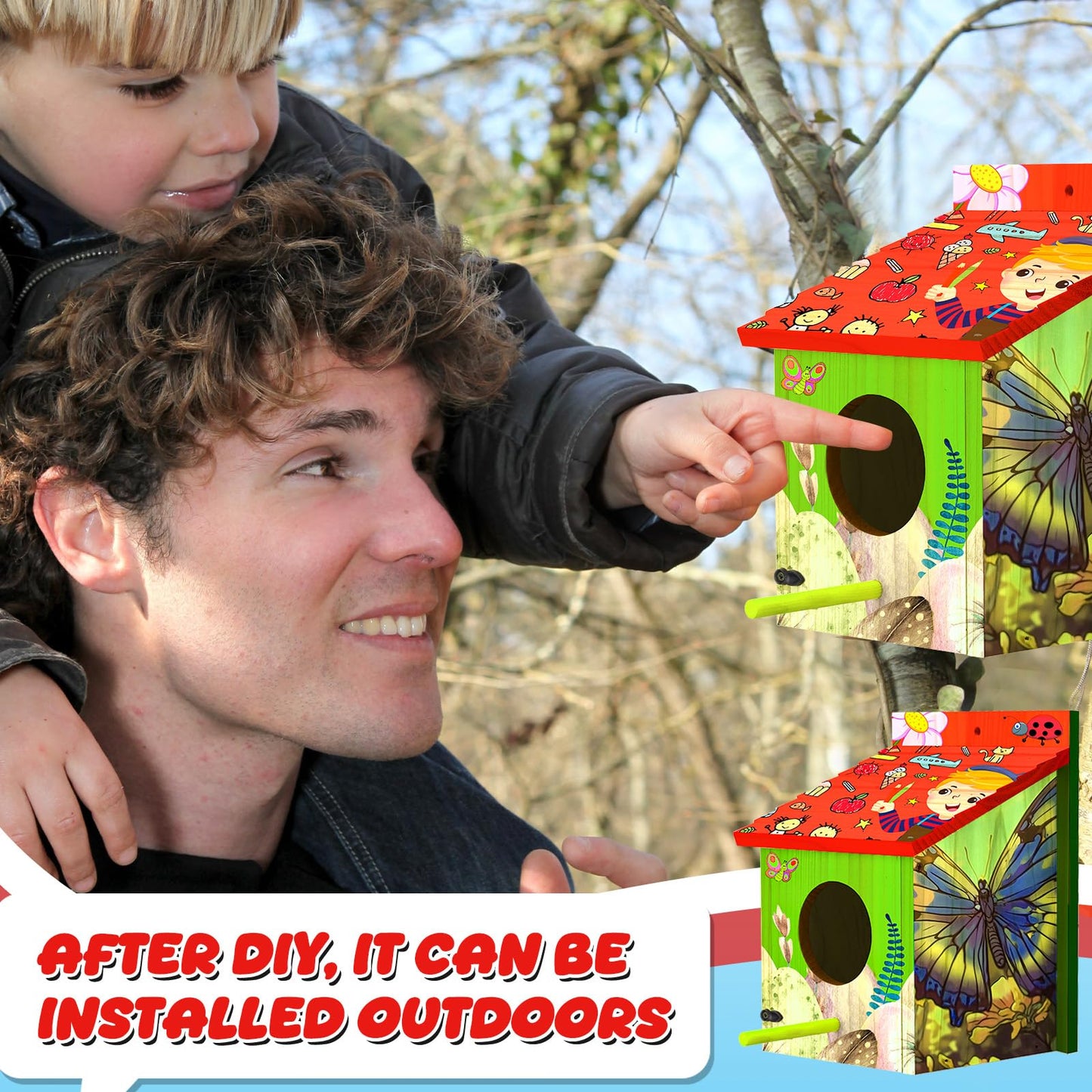 Humyoun 2 Pack Large Wood Bird Houses with Painting Kits for Outside with Pole Wooden Bird House for Finch Bluebird Cardinals Hanging Birdhouse Clearance Garden Country Cottages