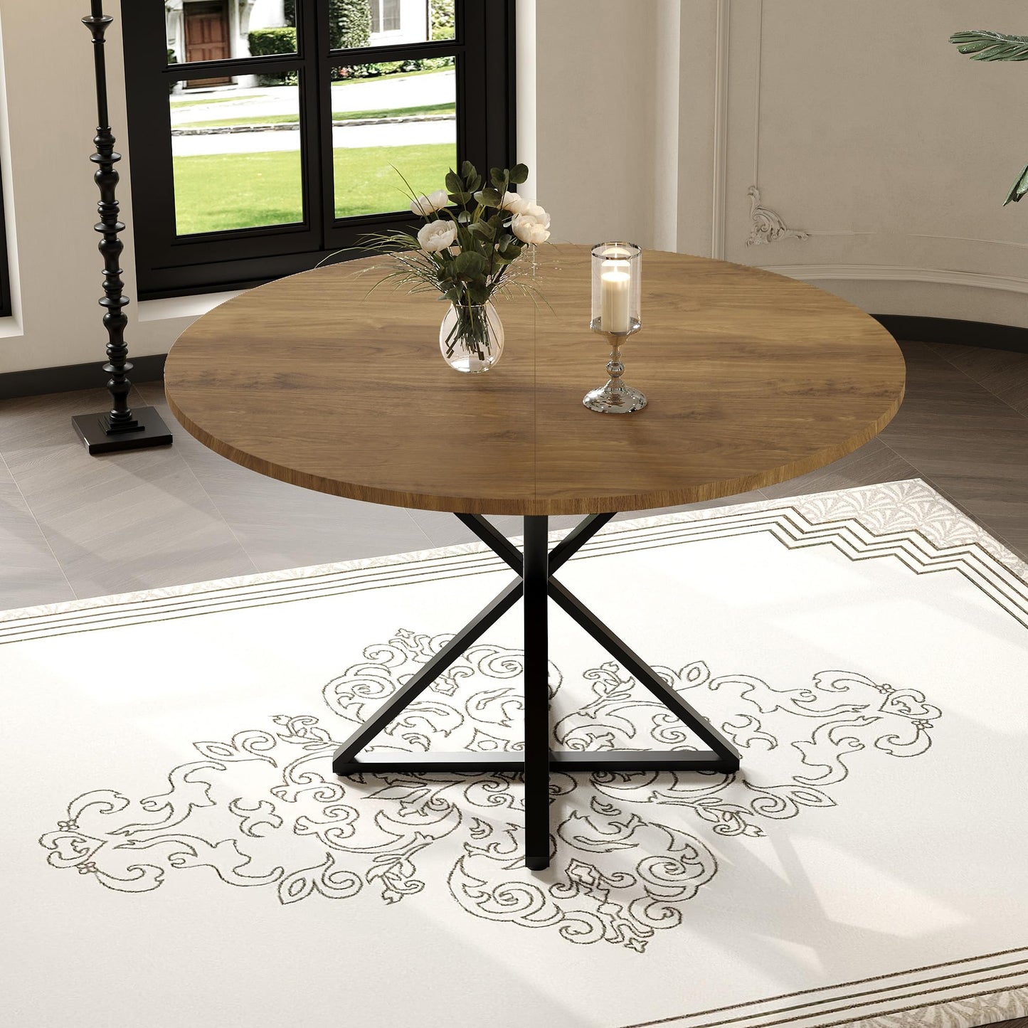 GarveeHome 47 Inch Round Dining Table for 4, Circle Kitchen Table with Pedestal Base, Farmhouse Wooden Dining Table for Small Spaces, Kitchen & Dining Room, Living Room๏ผBrown/Only Table๏ผ