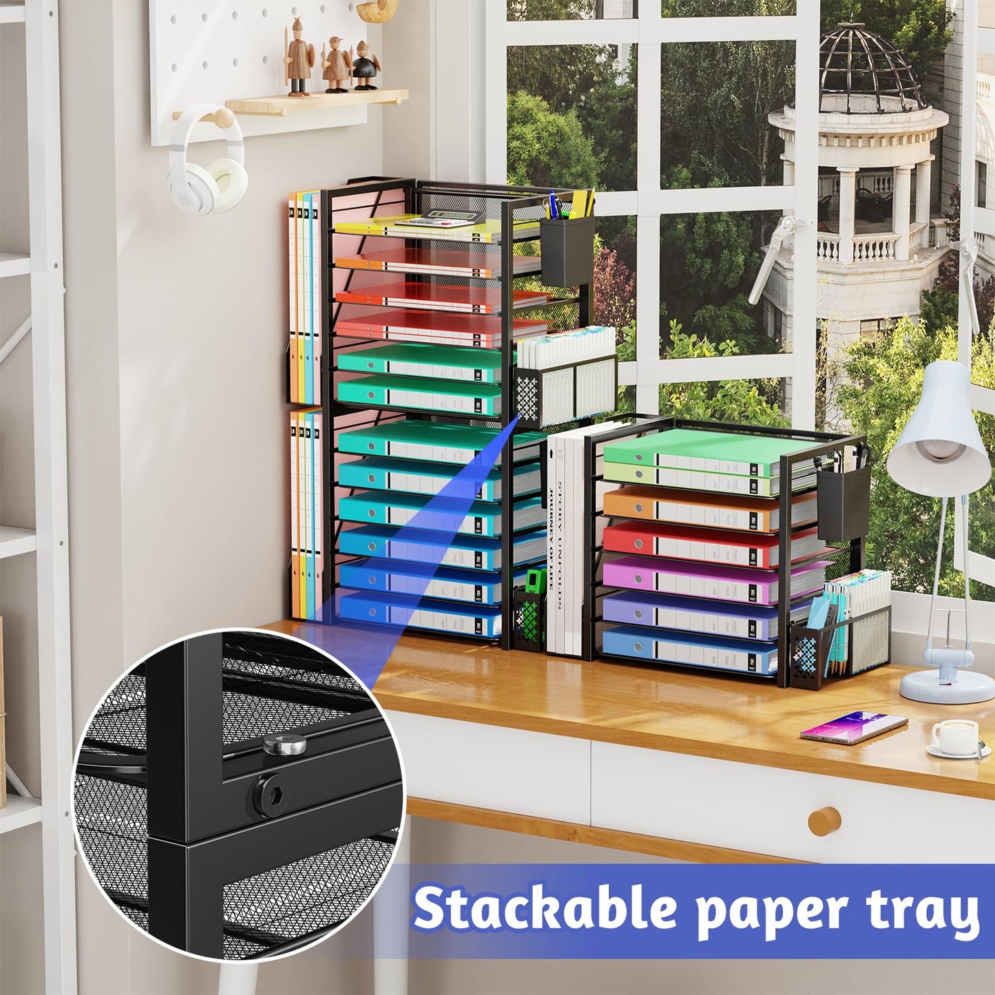 Simple Trending 6 Tier Desk File Organizer, Paper Letter Tray Organizer with File Holder and Pen Container, Black