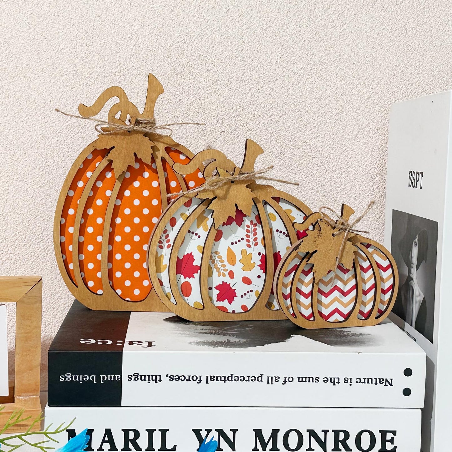 EMINGSKY Fall Decor 3PCS Wooden Pumpkin - Autumn Farmhouse Self Sitters, Small Decor for Home Shelf Table Tiered Tray Mantel Office