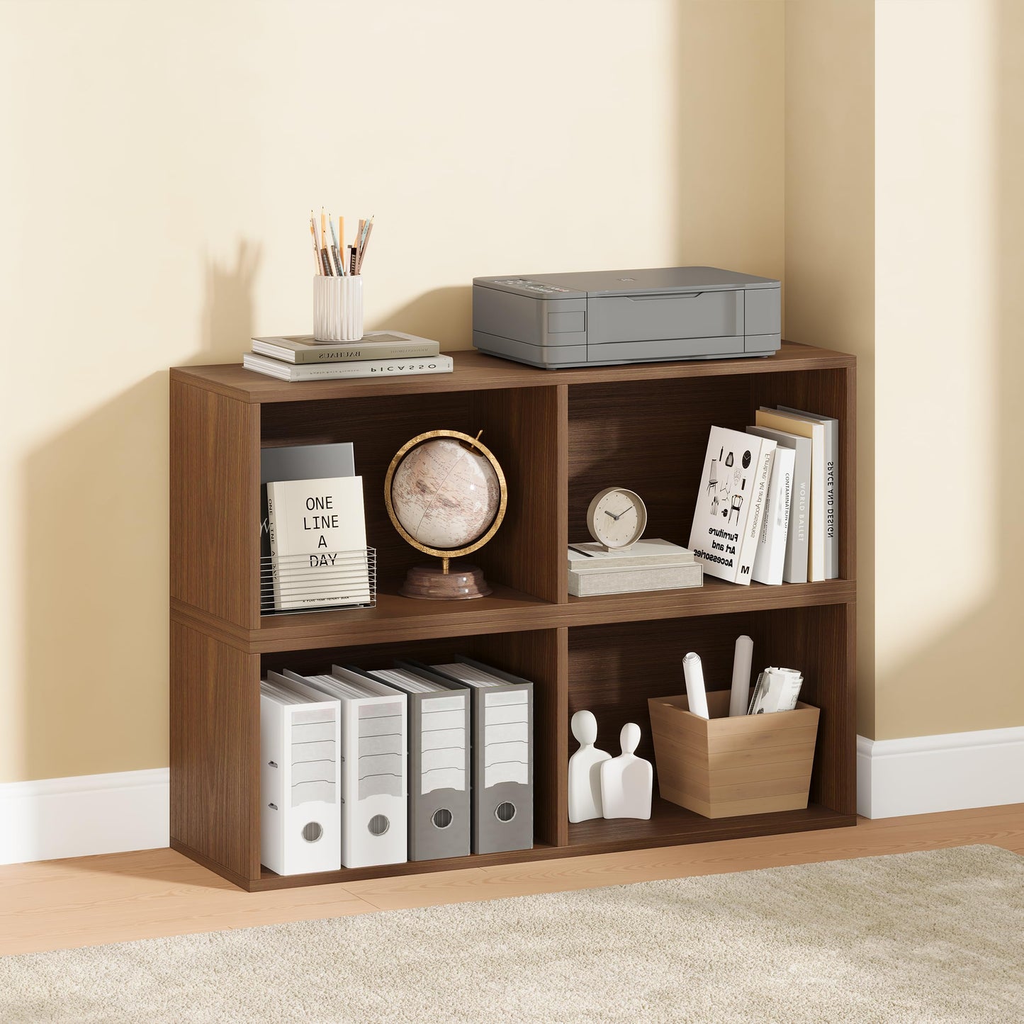 IOTXY DIY Modular Cube Bookcase - CubeXY Customizable Stackable Expandable Basic Shelving Units, 2-Cube Wooden Open Bookshelf for Miscellaneous Storage Organizer, Walnut