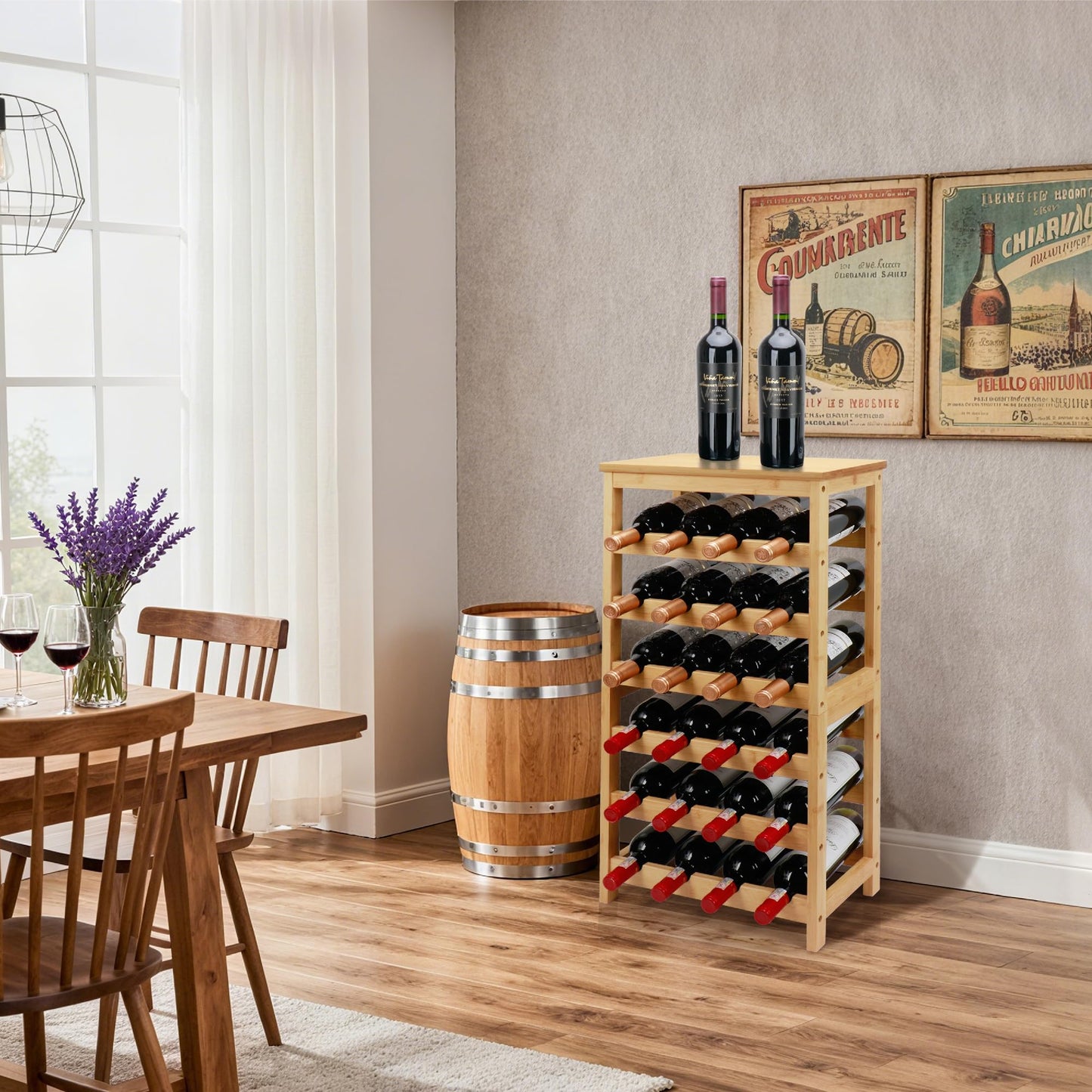 Thalomely Wine Rack Free Standing Floor, 6-Tier 24 Bottles Display Wine Storage Shelves with Table Top, Easy-Assembly Freestanding Bamboo Wine Racks for Kitchen Dining Room Bar, Natural
