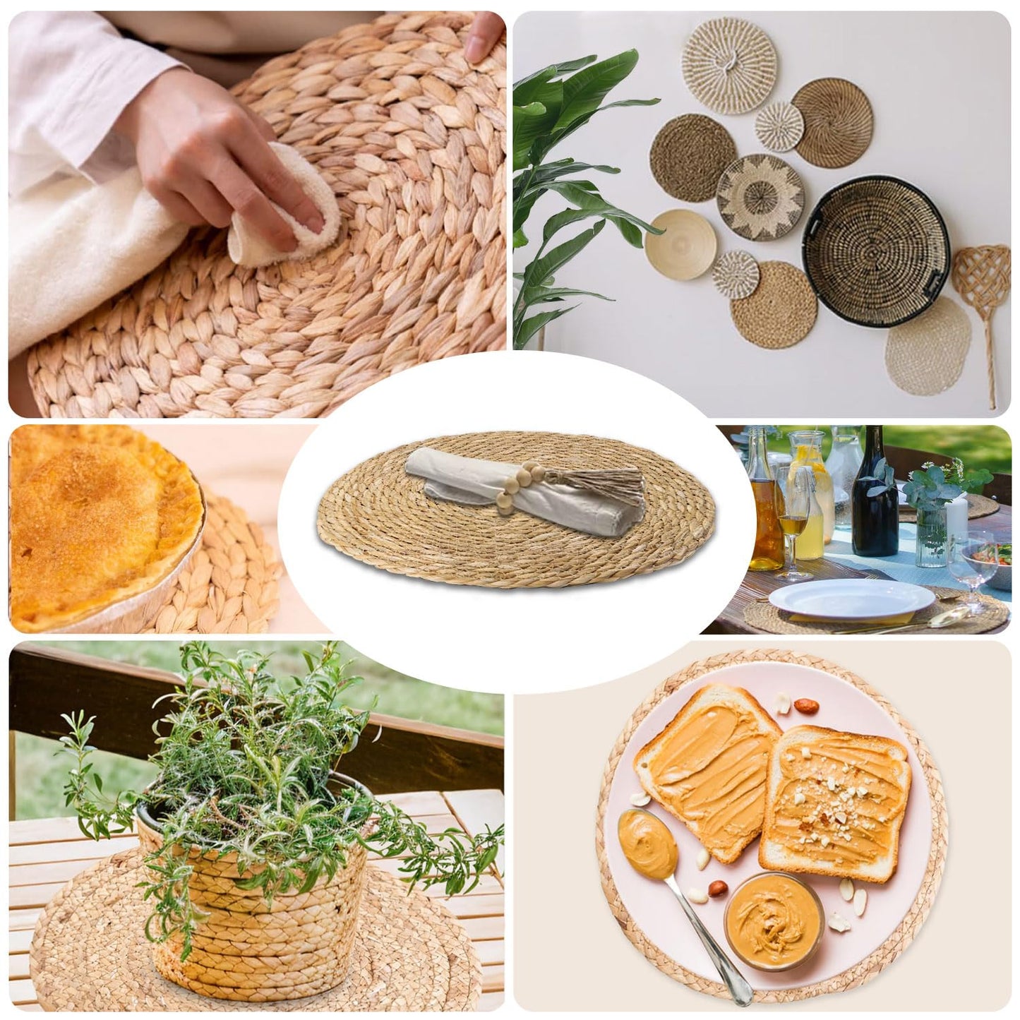 LIANJINGDENG Woven Placemats Set of 6, 13.8 Inch Round Natural Water Hyacinth Rattan Placemats with Wooden Beads Napkin Rings for Farmhouse Dining Table Decor, Thanksgiving Halloween Christmas