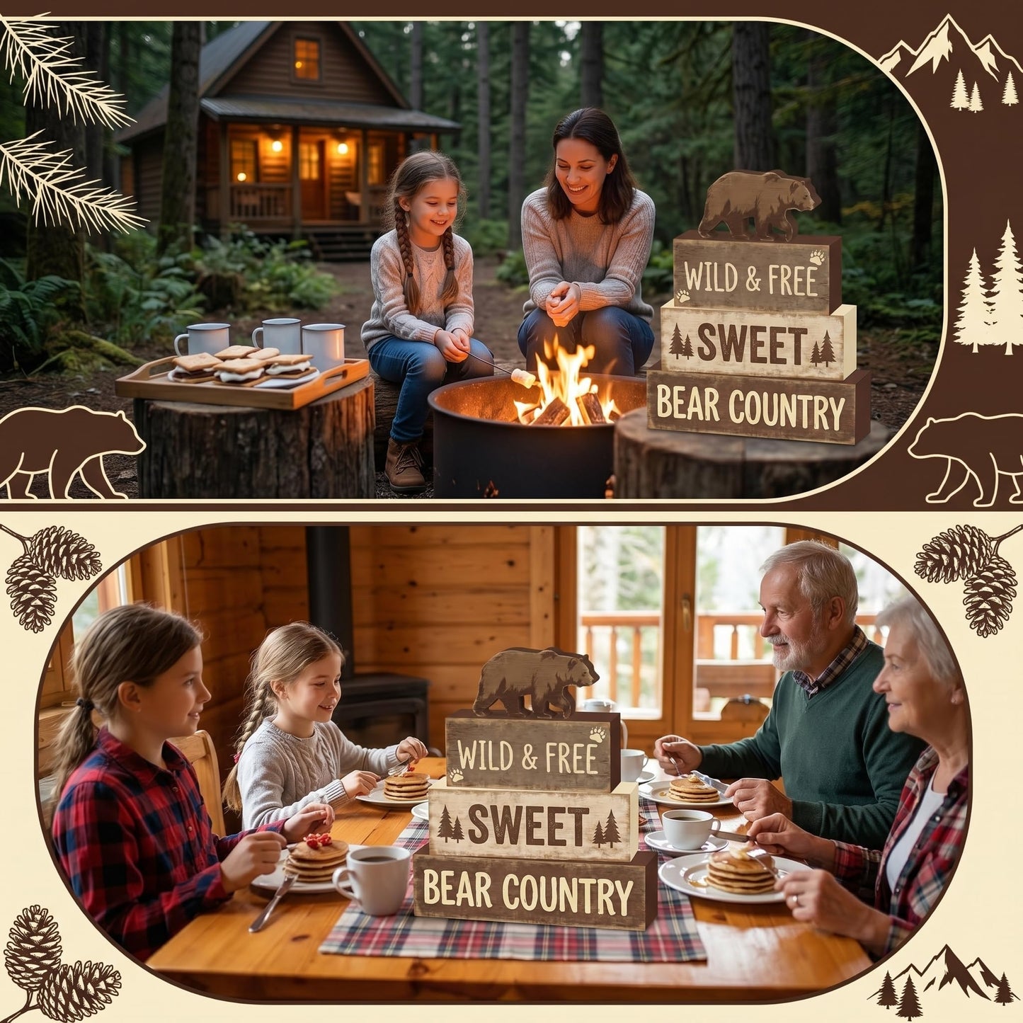 4 Pcs Brown Bear Tiered Tray Decor Woodland Bear Country Wooden Signs Cabin Shelf Sitters Rustic Farmhouse Table Centerpiece Mountain Forest Theme Table Decorations For Home Living Room Lodge