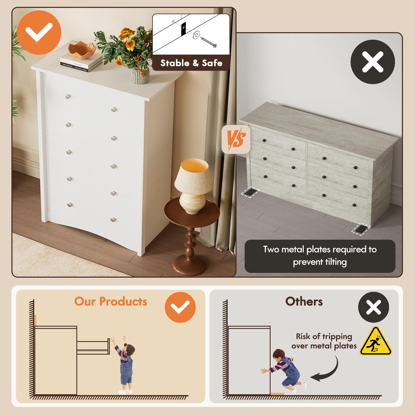 YESHOMY Tall Dresser for Bedroom with 5 Drawers, Modern Chest of Drawers, Wooden Dressers, TV Stand for Living Room,Closet, Hallway (White)