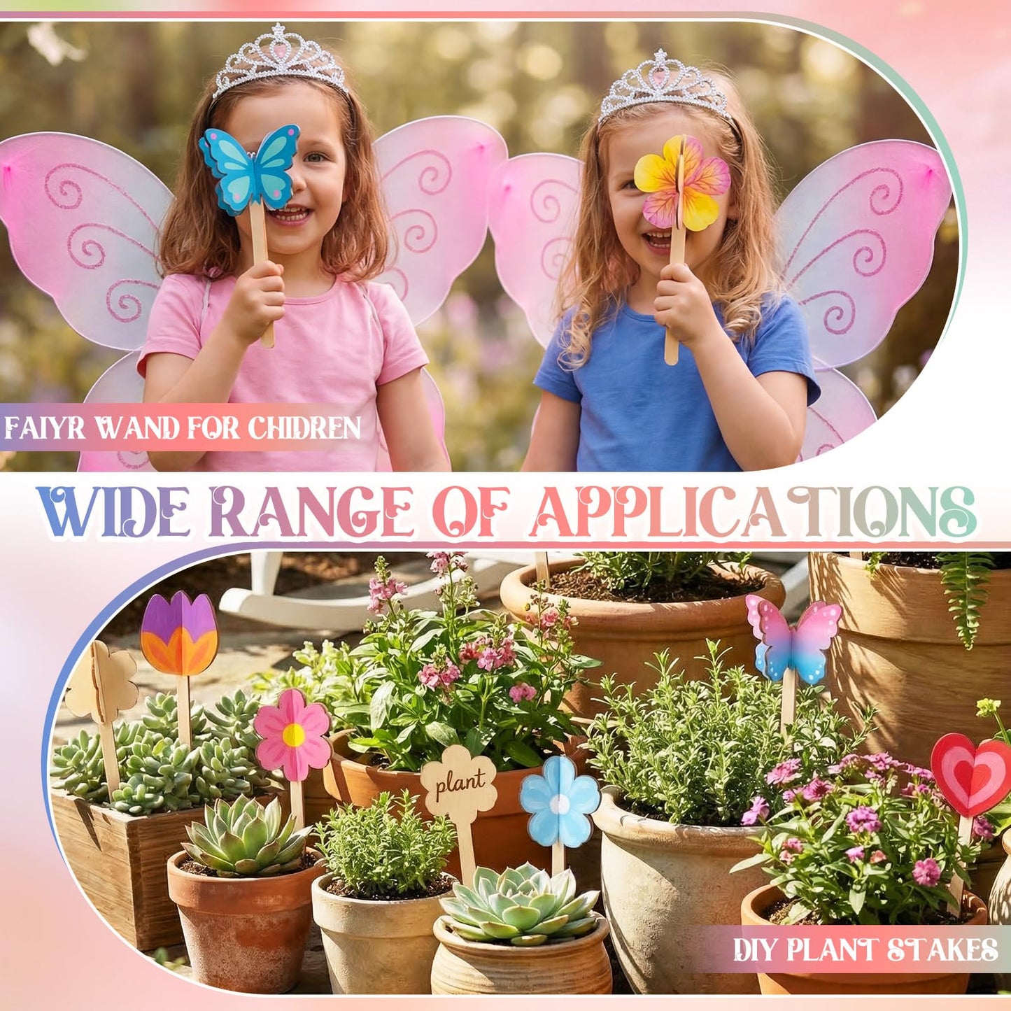 DoubleFill 16 Set DIY Wood Flowers Plant Stakes 3D Paintable Wooden Butterfly Cutouts Spring Flower Pot Unfinished Wood Ornament Fairy Wands Crafts for Painting Gift