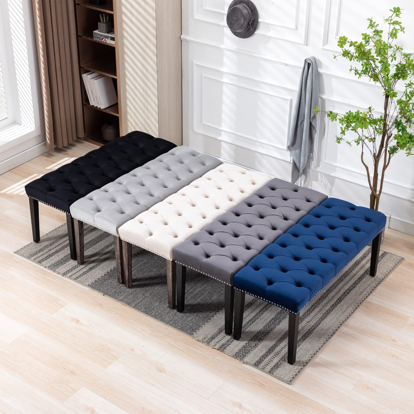 Aursrenty Velvet Upholstered Tufted Bench with Rubber Wooden Legs, Velvet Cushion, 45.28" L Accent Footrest Stool for Living Room, Entryway, Dining Room, Bedroom Beige