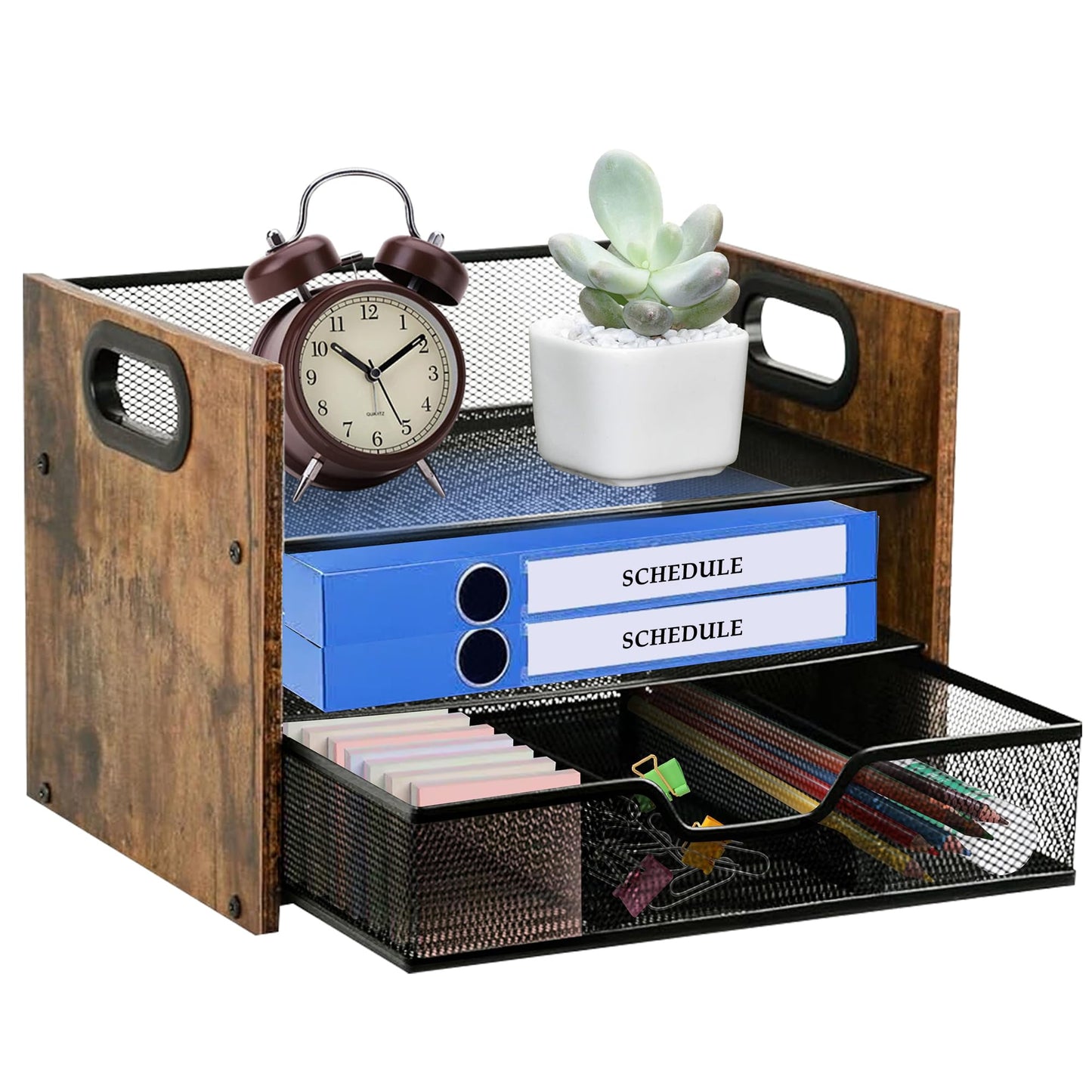 Boershun Wood Desk Organizer - 3-Tier Desktop File Organizer with Drawer, Wooden Paper Tray, Office Desk Organzier and Accessories for Papers, Mail, Notebooks, Stationery