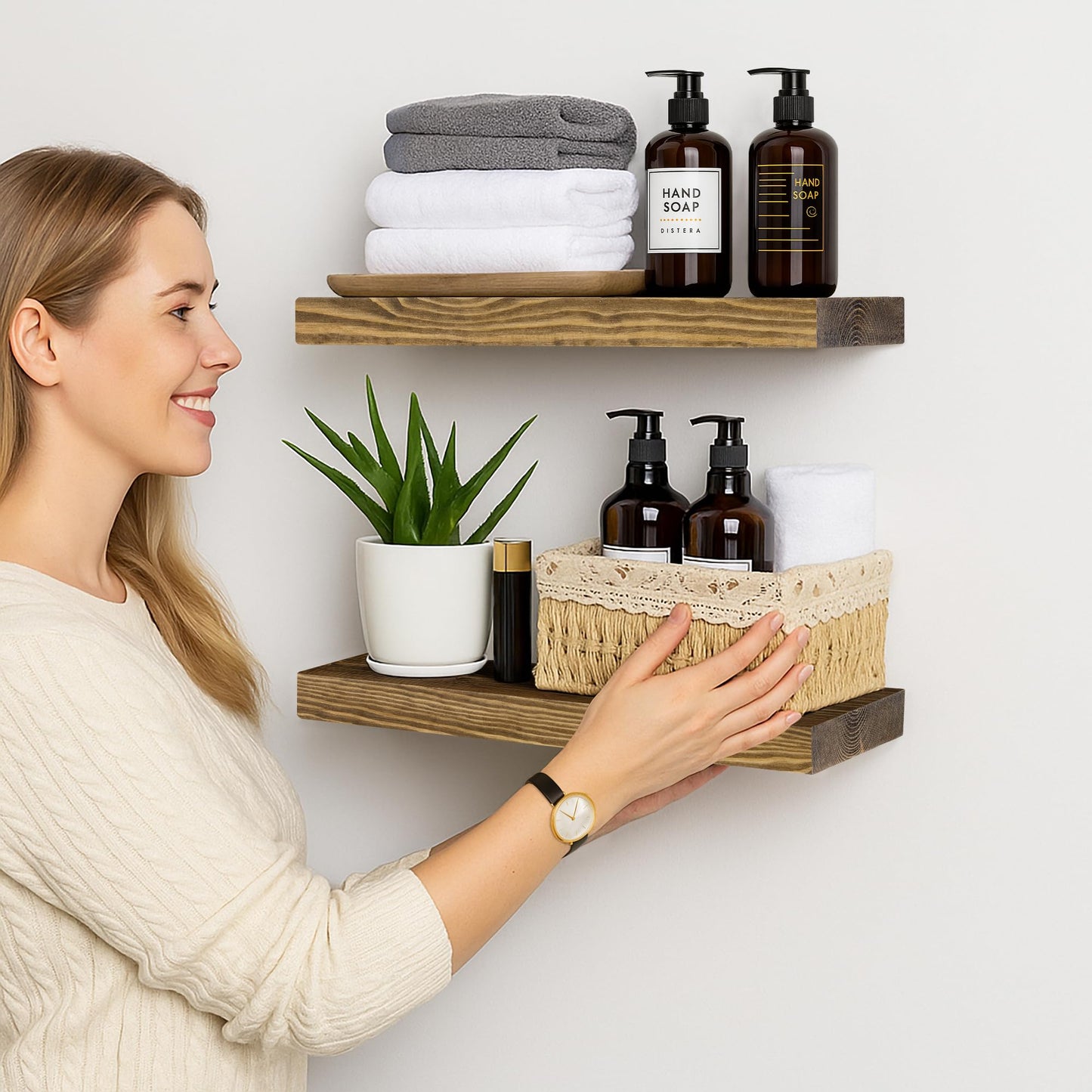 BGMG Wood Floating Shelves for Wall 18 inch Set of 2, Rustic Wooden Wall Mount Shelves for Bathroom Living Room Bedroom Kitchen Farmhouse -18x 6.7 x1.25 inch- Walnut Color