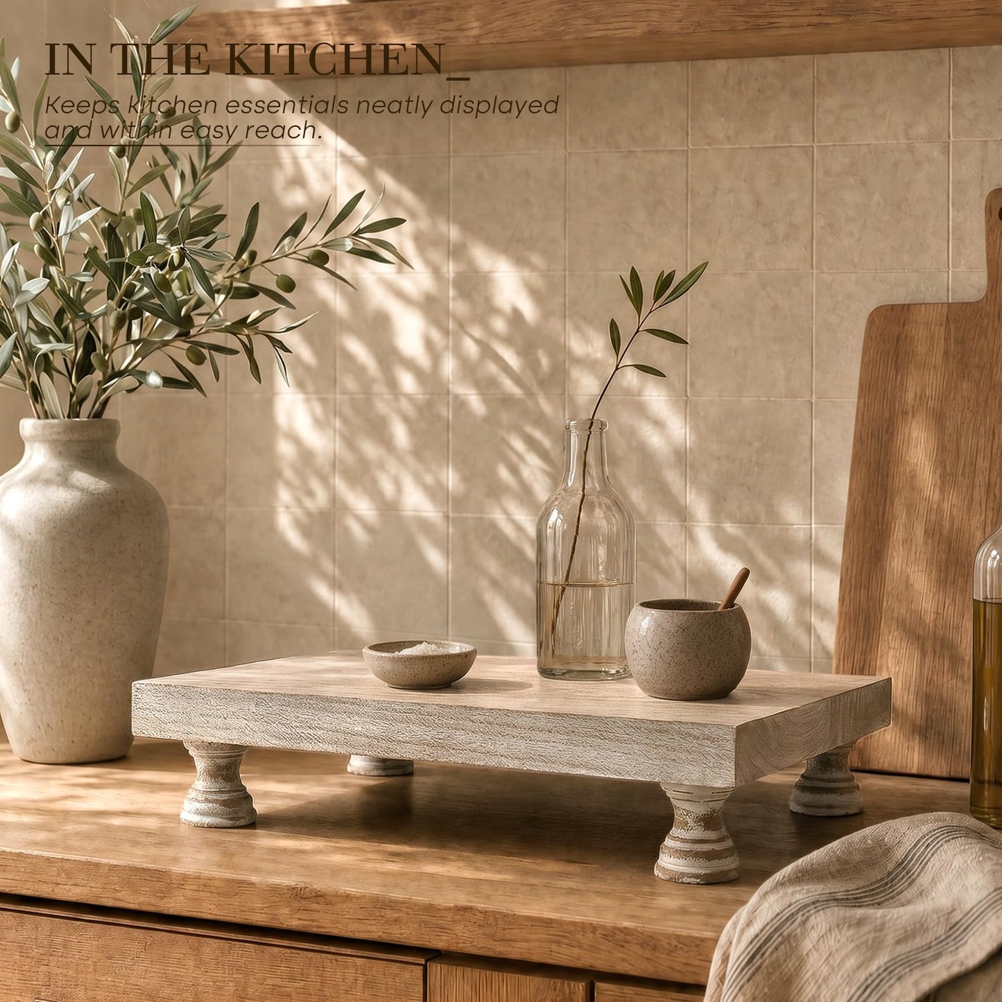 Wood Display Risers for Bathroom Vanity and Kitchen Decor, Natural Wood