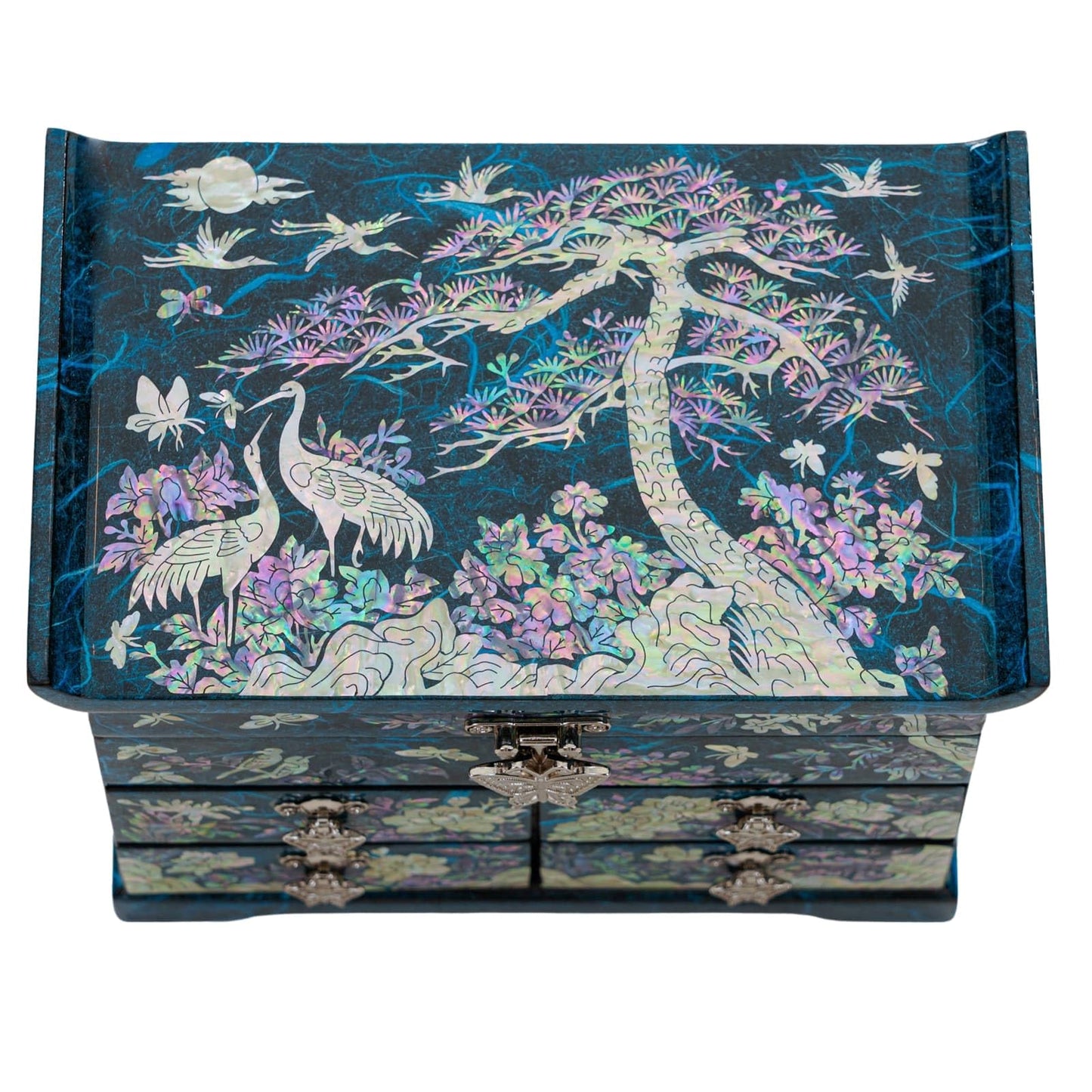 February Mountain Elegant Mother of Pearl Jewelry Box – Handcrafted Wooden Chest with Intricate Butterfly and Crane Designs, 4 Drawer Storage, and Red Velvet Interior – Ideal Gift for Women
