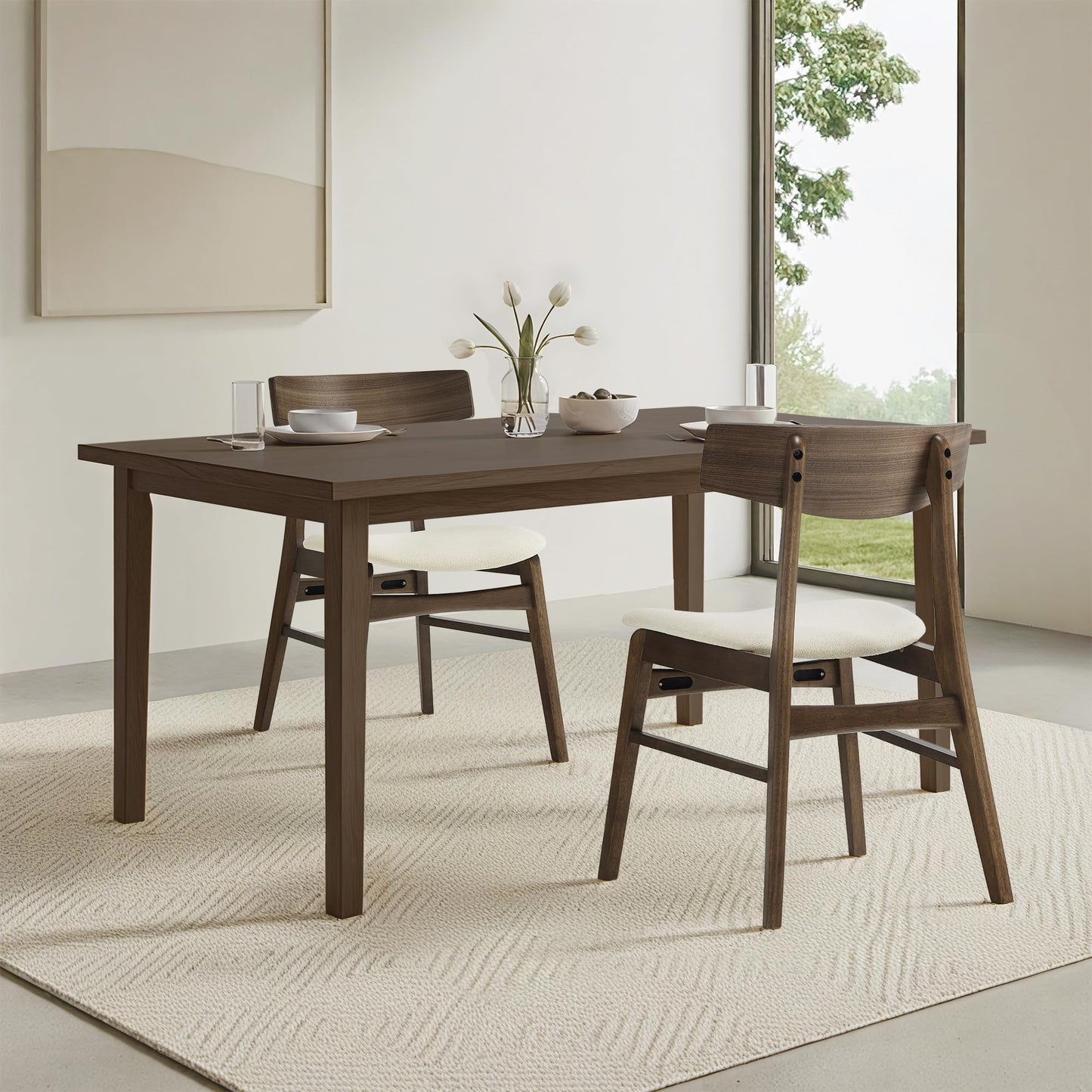 KISLOT Wooden Dining Chairs Set of 4, Upholstered Modern Dining Room Chairs, Mid Century Oak Kitchen Chairs with Curved Wood Backrest for Farmhouse, Restaurant, Cafรฉ (Cream Fabric & Walnut Color)