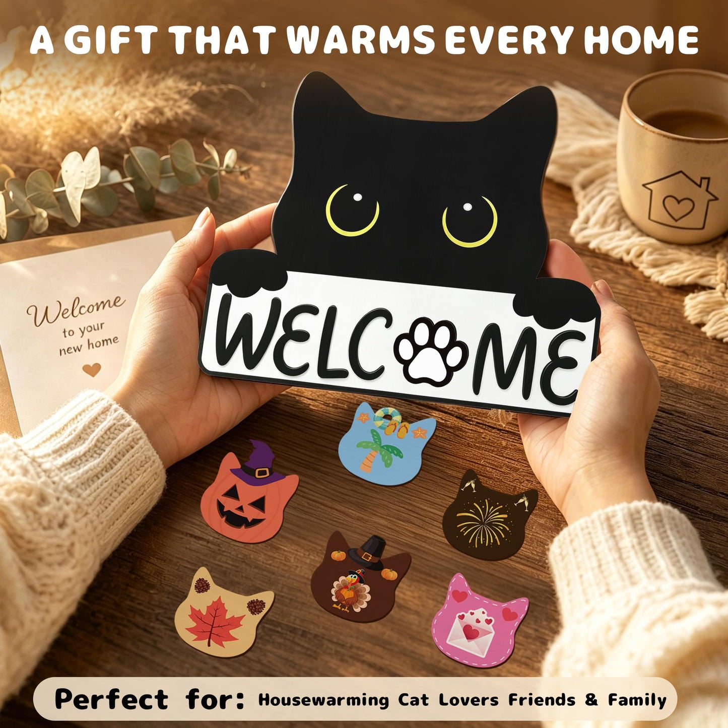 ZenDecor Cute Cat Interchangeable Welcome Home Sign for Front Door, Farmhouse Wooden Door Hanger with 18 Seasonal Icons, Porch, Entryway & Wall Decor, Housewarming Gift