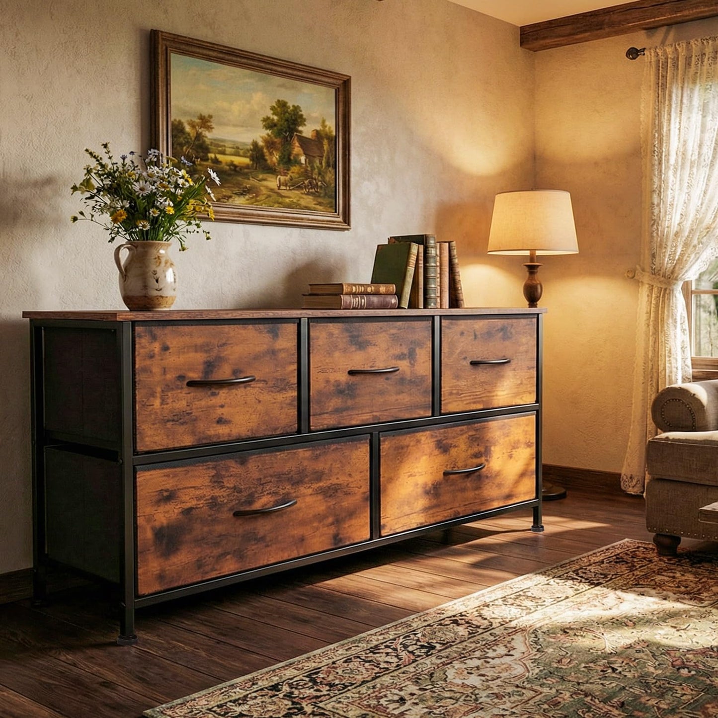 SHAWKEN Dresser for Bedroom with 5 Drawers,Fabric Dresser with One-Piece Steel Frame,Budget-Friendly Organizer for Closet, Hallway, Studio Apartment (Rustic Brown)