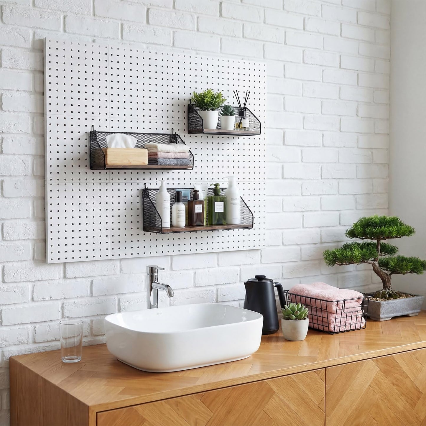 Ferrochef 3 Pack Pegboard Shelves with Hooks, Wall Mounted Grid Shelves, Pegboard Organizer Bins with Wooden Base, Heavy Duty Peg Board Storage Accessories for Kitchen, Bathroom, Garage, Office(Black)