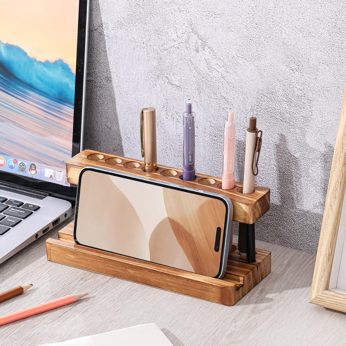 Tenceur 2 Pack Wooden Pen Holder for Desk Pencil Desk Organizer with Phone Stand and 9 Slot Dual Burned Charcoal Finish Display Stand for Fountain Pens Office and Home Stylish Office Table Decor