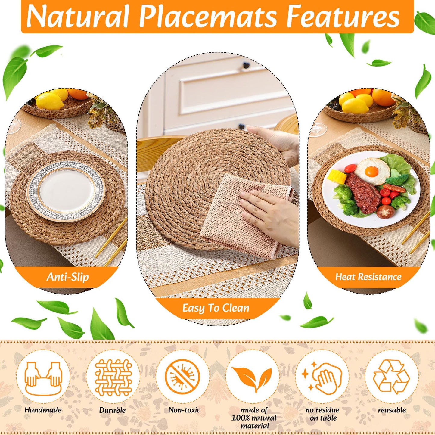Gandeer 4 Sets Boho Decoration Placemats Round Woven Placemats, Cloth Napkins, Wood Bead Napkin Rings, Long Table Runner and Farmhouse Burlap Cotton for Table Kitchen (Khaki,12x72)