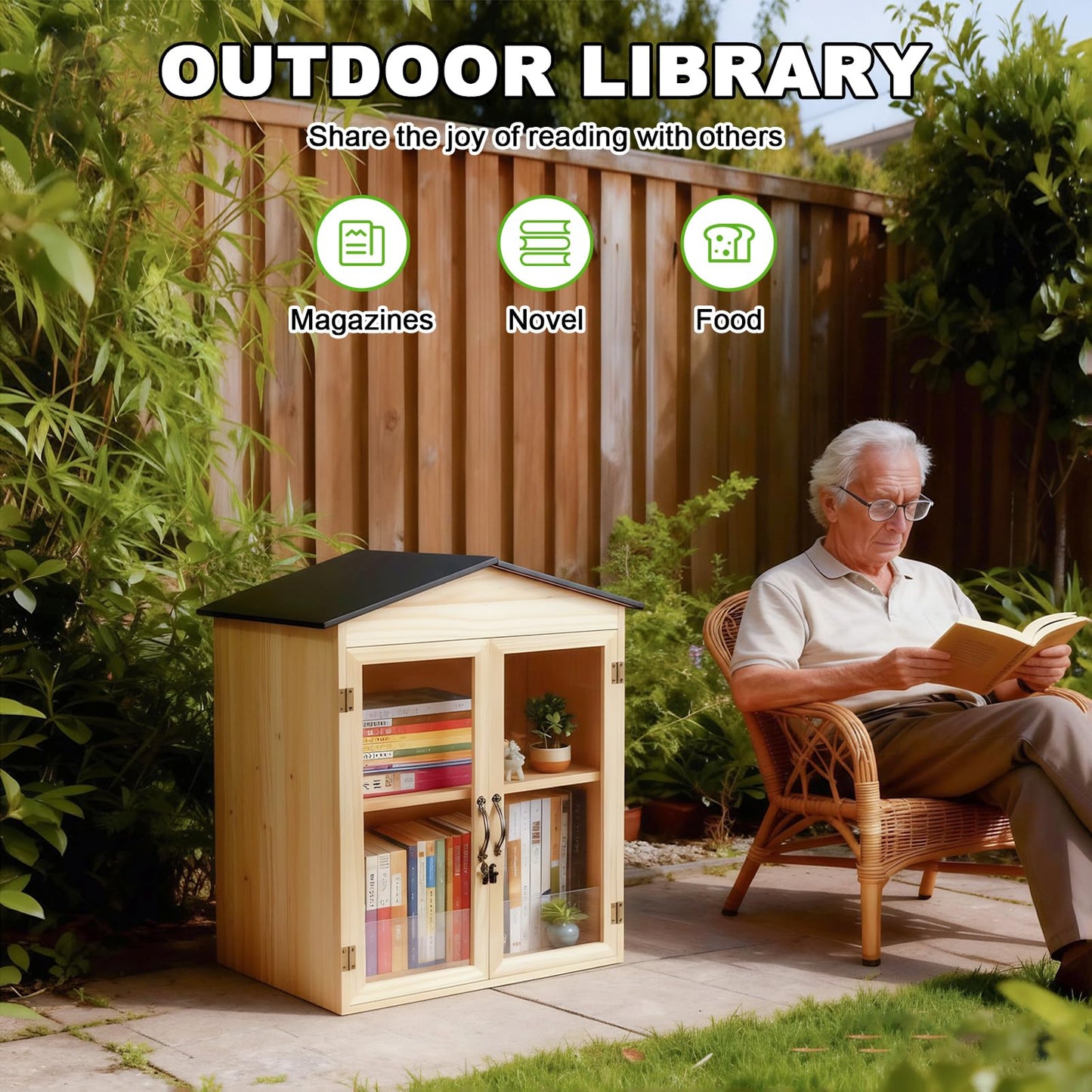 Little Library Box Outdoor Wooden Outside Library Book Box Literature Exchange Boxes Book Storage for Diy, Neighborhoods Community and Schools Sharing Literature and Newspapers (Wood Double doors)