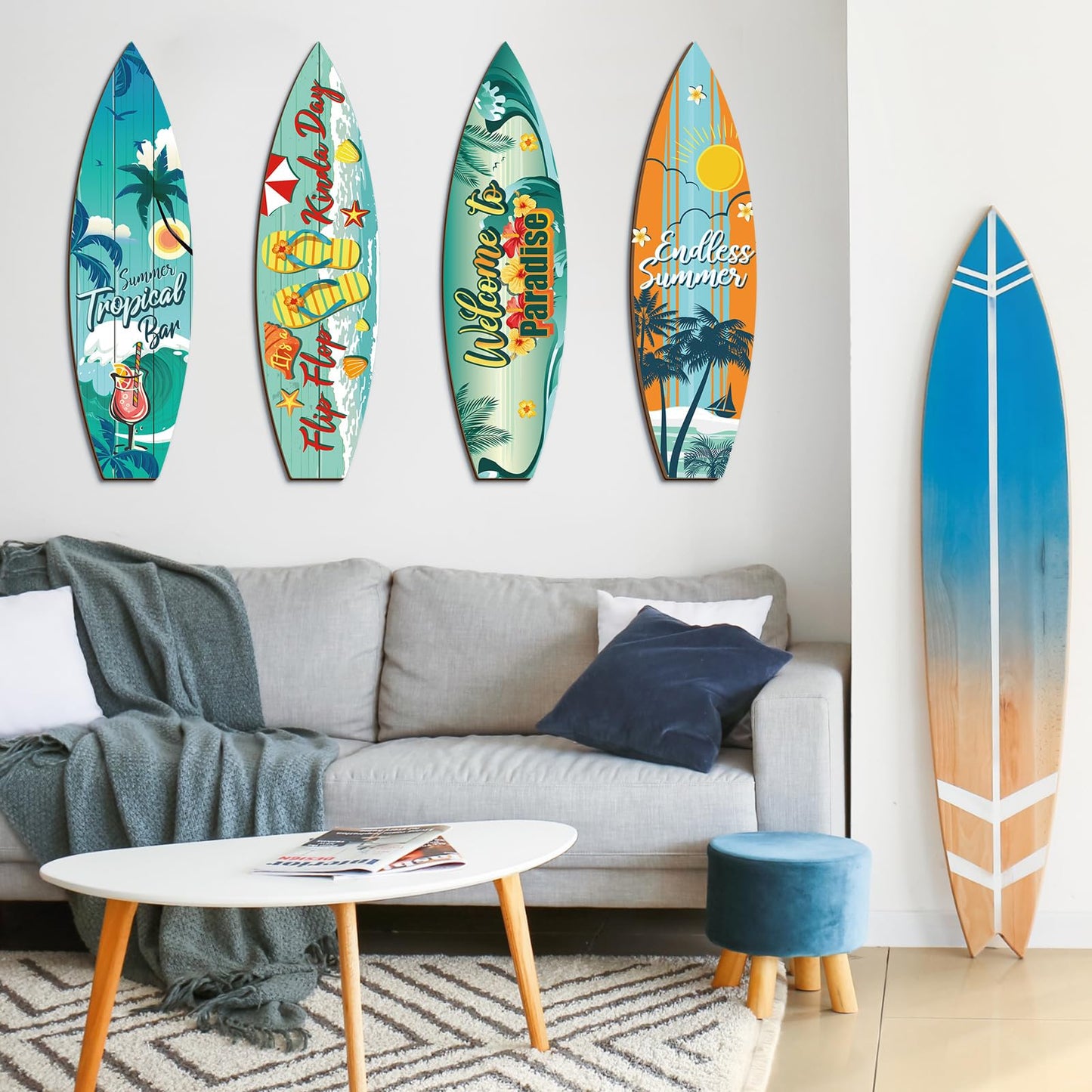 Tatuo 4 Pcs Surfboard Decor Hawaiian Wooden Beach Wall Decor Tiki Tropical Bar Decorations Surfboard Wall Hanging Sign Gifts for Home Aloha Birthday Party(Summer,15.75 x 4.41 x 0.2 Inch)