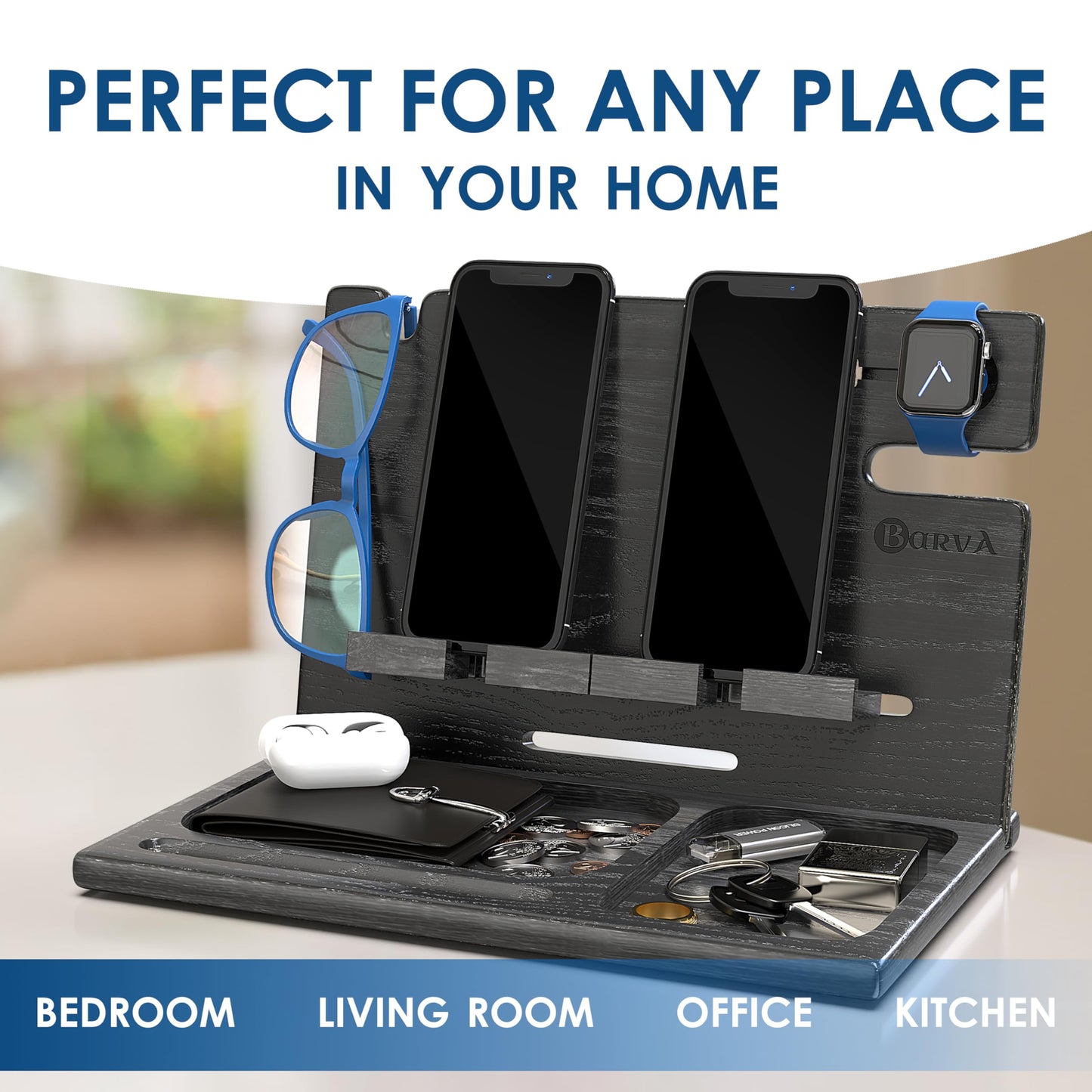 BarvA Two Phone Docking Station | Night Stand Desk Organizer | Wood Nightstand Organizer | Tablet Smart Watch Earbuds Charging Station | Upgraded Dresser Phone Stand | Bed Room Decor Gifts for Men