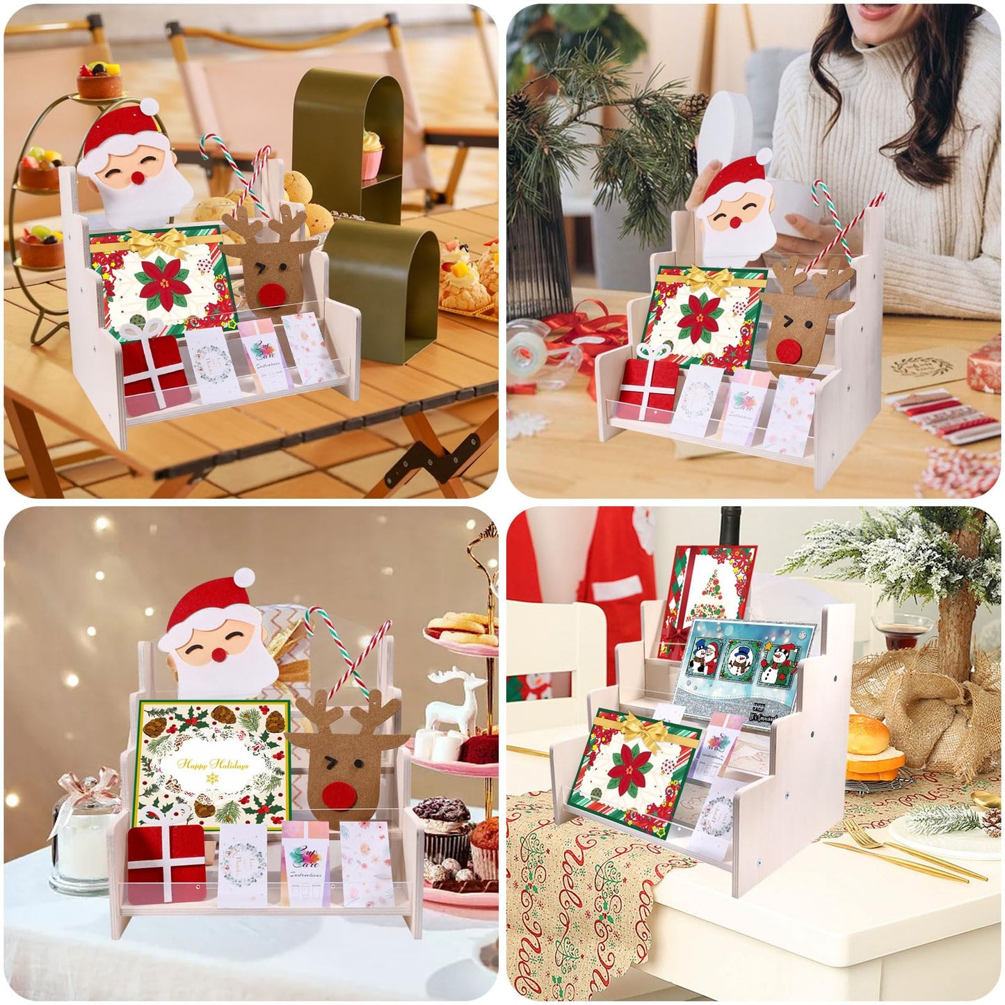 GLOBLELAND 4-Tier Wooden Greeting Card Display Stand Portable Card Display Rack Card Organizer Rack for Vendors Postcards Brochure Photos Sticker Retail Stickers Bookmark 10.2x11.6x11.6 inch