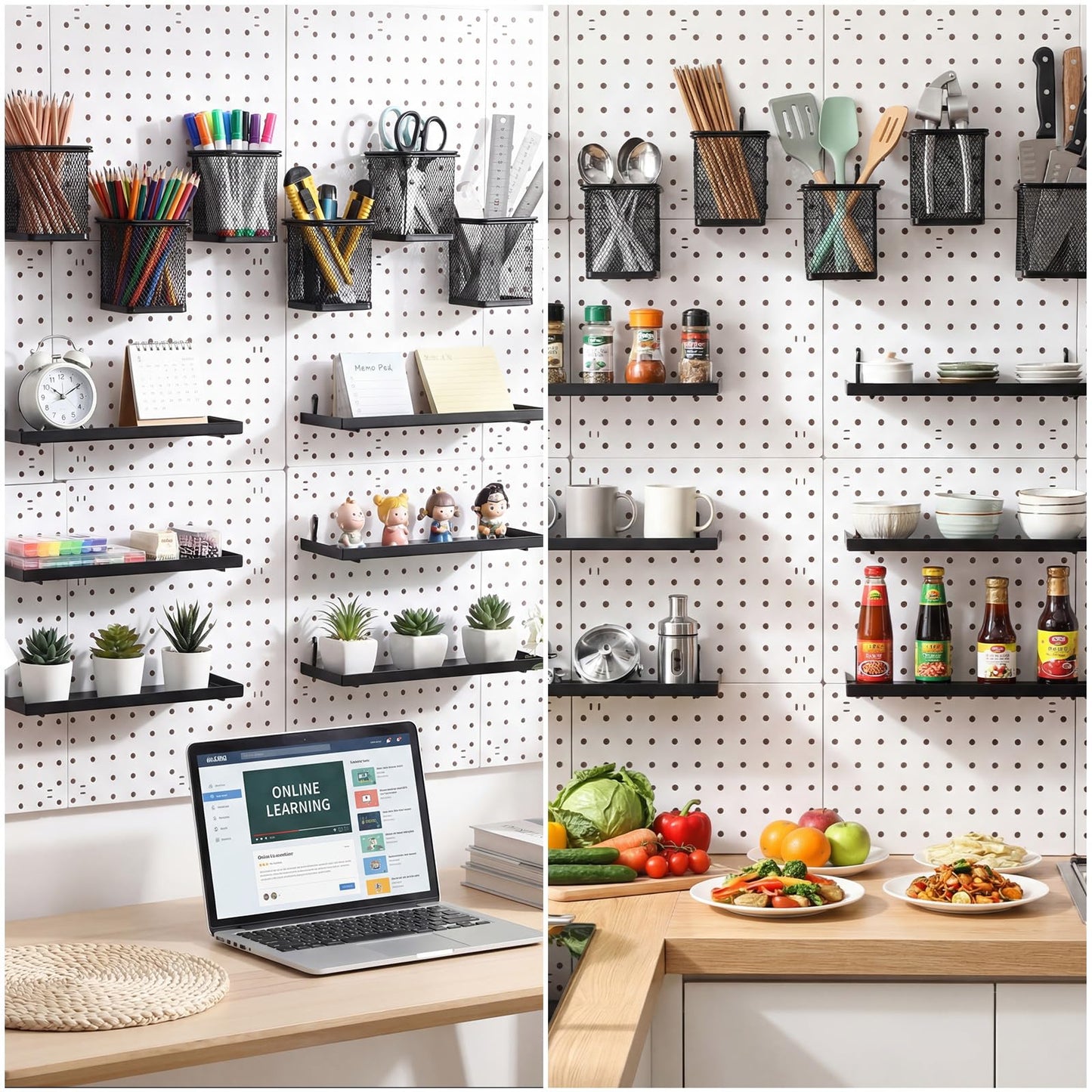 Tosstuki 12 Pack Pegboard Organizer Accessories - 6 Pegboard Pencil Cups Holder Peg Board - 6 Shelves Metal Shelf Brackets - Tools Storage Arrange System Kit for Office Garage Room