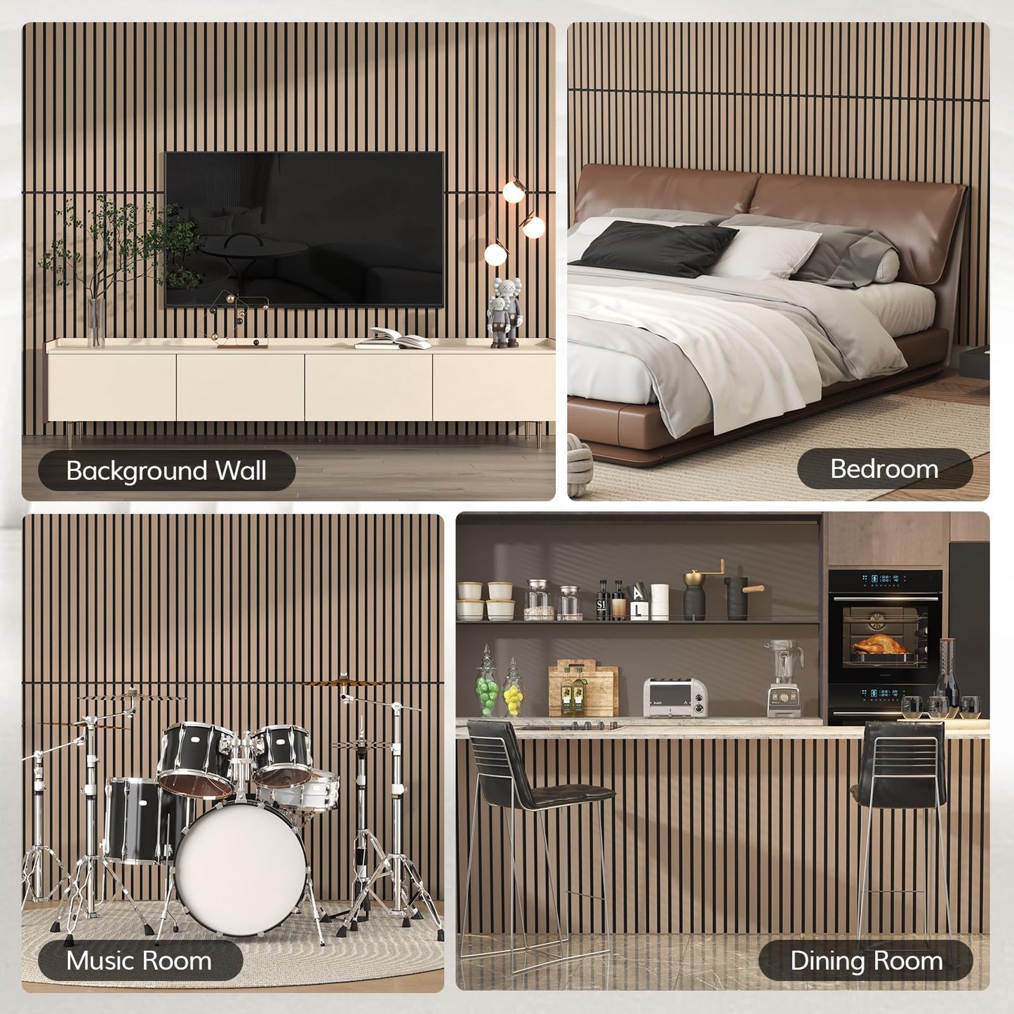 TONOR 2PCS Wood Slat Panels, 48” x 24”Adhesive Acoustic Panels for Wall, Decorative 3D Fluted Panels for Sound Absorbing, Soundproof Panels with Wood Finish for Living Room, Dark Walnut