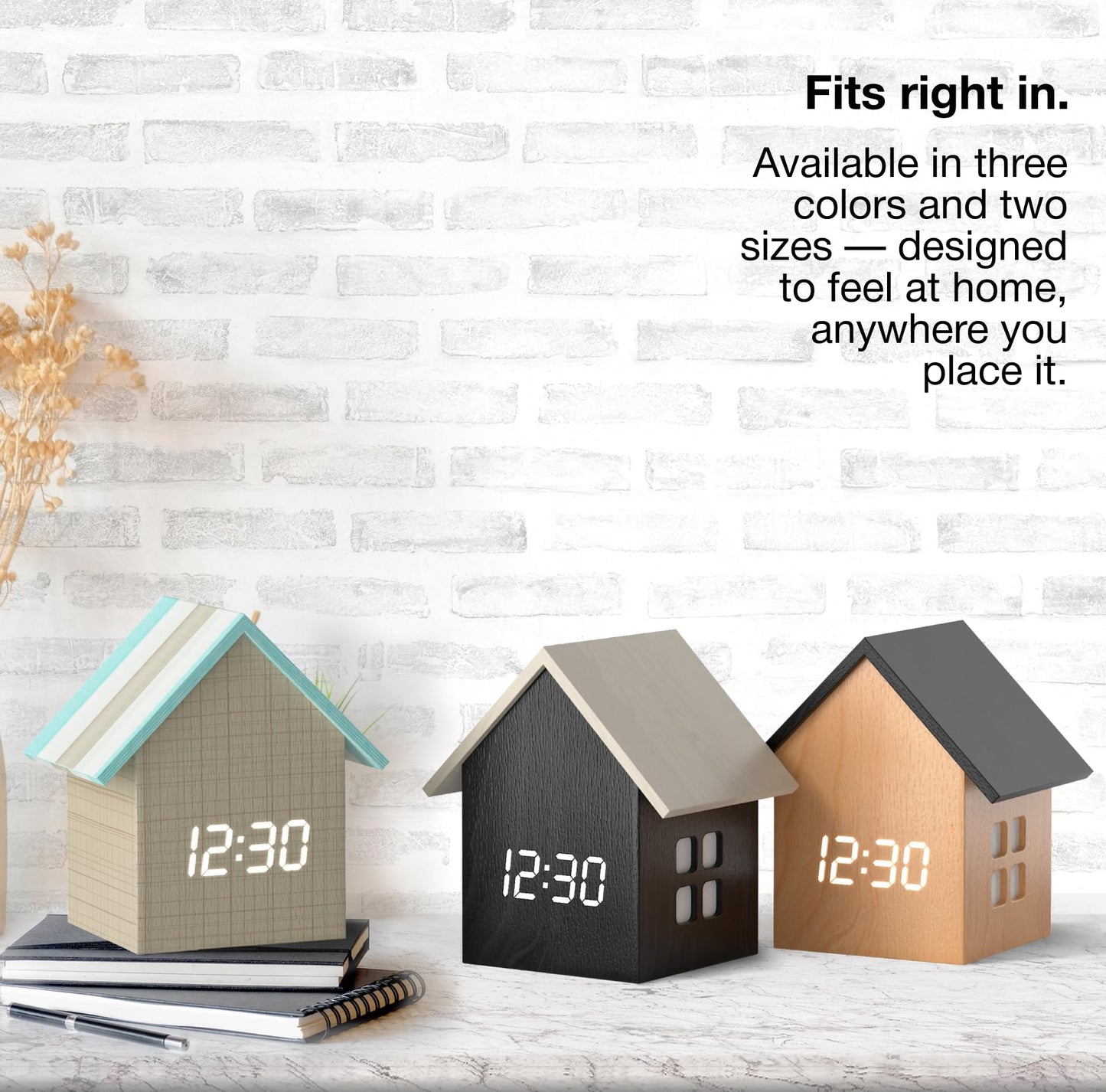Driini Digital House Shaped Alarm Clock with Temperature Display (Dark Wood) – Modern Aesthetic with Cute Cube Frame and White LED Dimmer - Perfect Small Desk Clock for Bedside Table or Bedroom Mantle