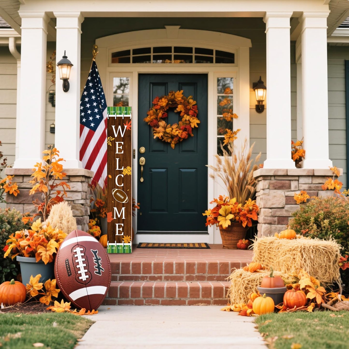 Chunful Football Welcome Sign for Front Door 47 in Fall Football Vertical Porch Decor Rustic Fall Wooden Standing Hanging Plaque for Autumn Harvest Thanksgiving Home Farmhouse Yard Decor