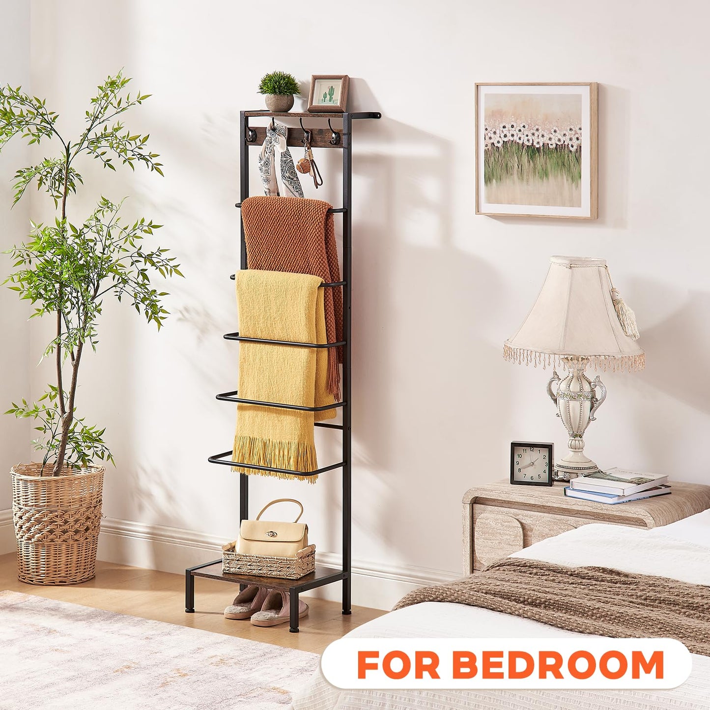 DGWJSU 7 Tier Blanket Ladder for The Living Room and Bedroom, 5.12 Ft Farmhouse Ladder Shelf with 2-Tier Storage Rack, Decorative Ladder with 4 Coat Hooks, Blanket Rack,Ladder Shelves