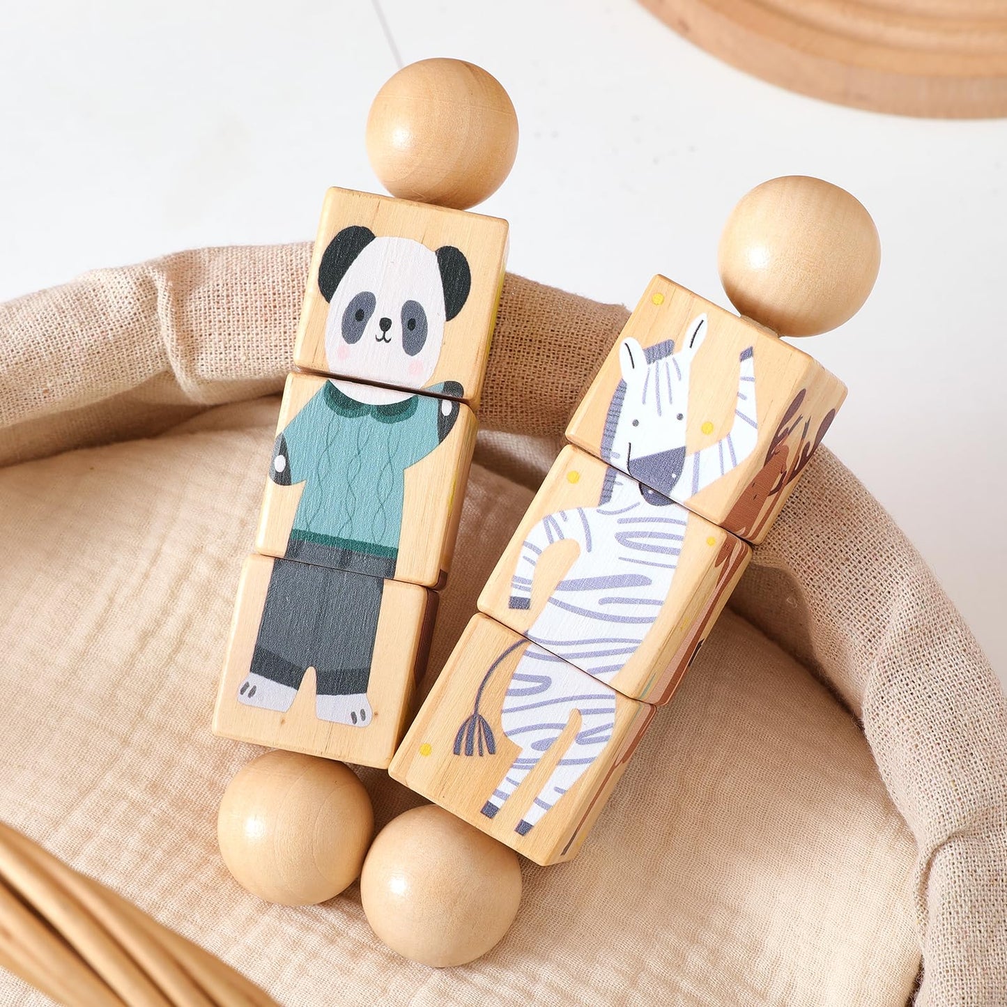 Promise Babe Wooden Animal Puzzle Toy for Toddlers 1-3, Rotating Spin Twist Blocks Set of 2, Learning Educational Montessori Toy Gifts for Kids Boys Girls, Giraffe & Brown Bear