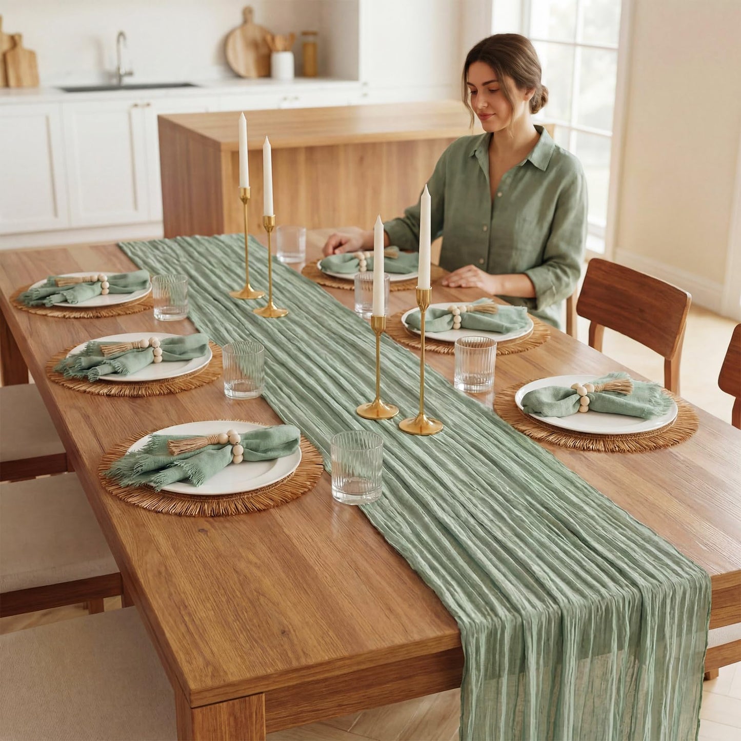 Frienda Set of 6 Boho Table Placemats Round Woven Place Mats Matching Linen Textured Napkins Wood Bead Napkin Rings and 1 Pcs Sage Green Table Runner for Home Farmhouse Kitchen Dining Natural Decor