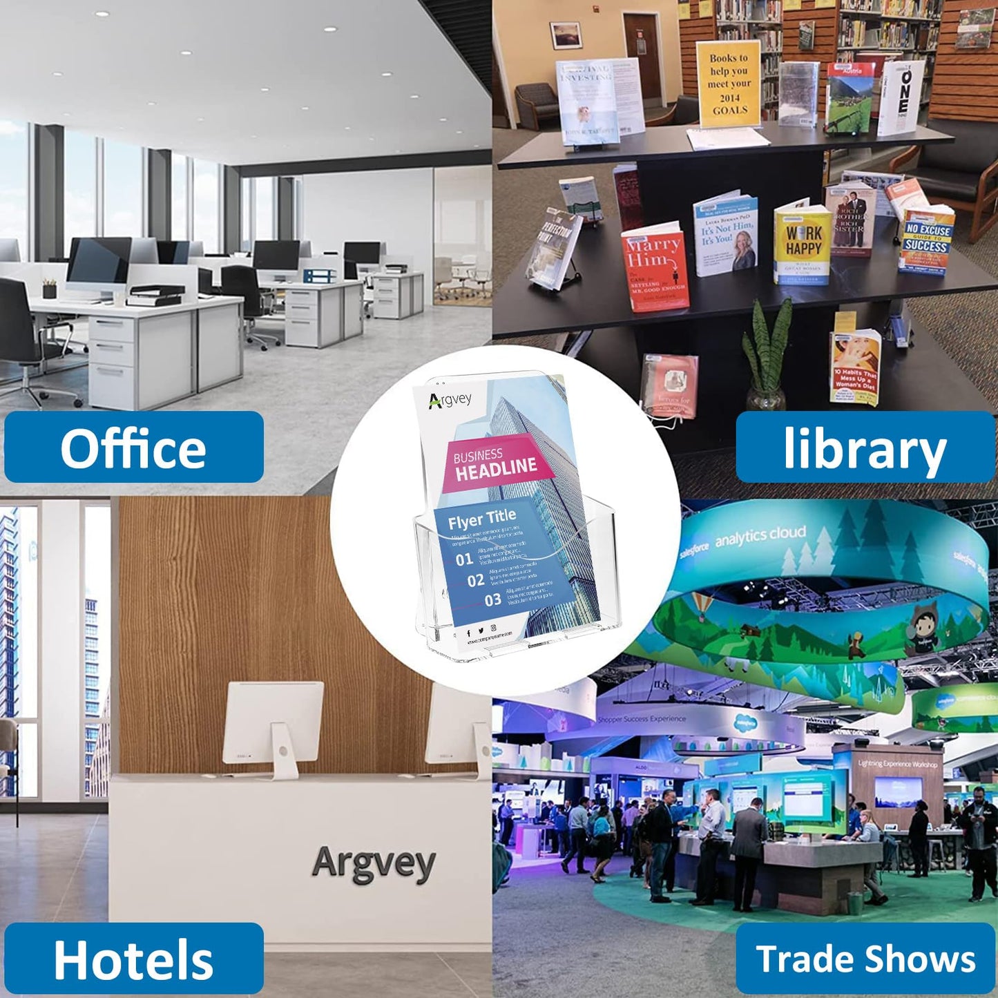 Argvey Acrylic Brochure Holder 6 x 8 Inch, Clear Slant Back Display Stand for 5.5 x 8.5 & 5 x 7 Inch Flyers, Pamphlets, Table Signs – Plastic Paper Holder for Office, Home, Store, 4 Pack