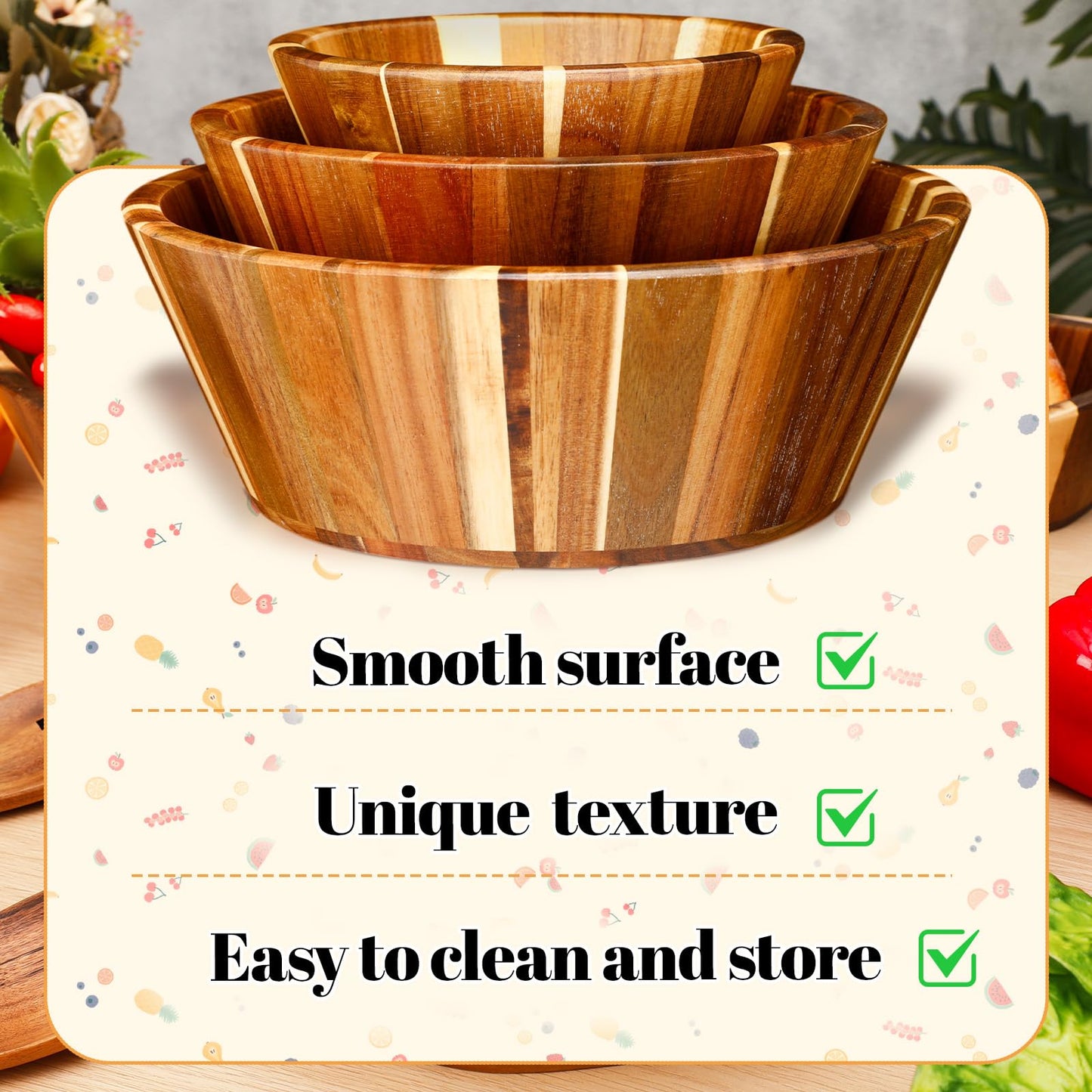 Yunlly Wooden Salad Bowl Set of 5 - Large Fruit Mixing Bowls with Salad Servers Utensils for Serving Dining Accessory - Handmade - Acacia Wood - Large 12", Medium 10", Small 8"(Round Design)