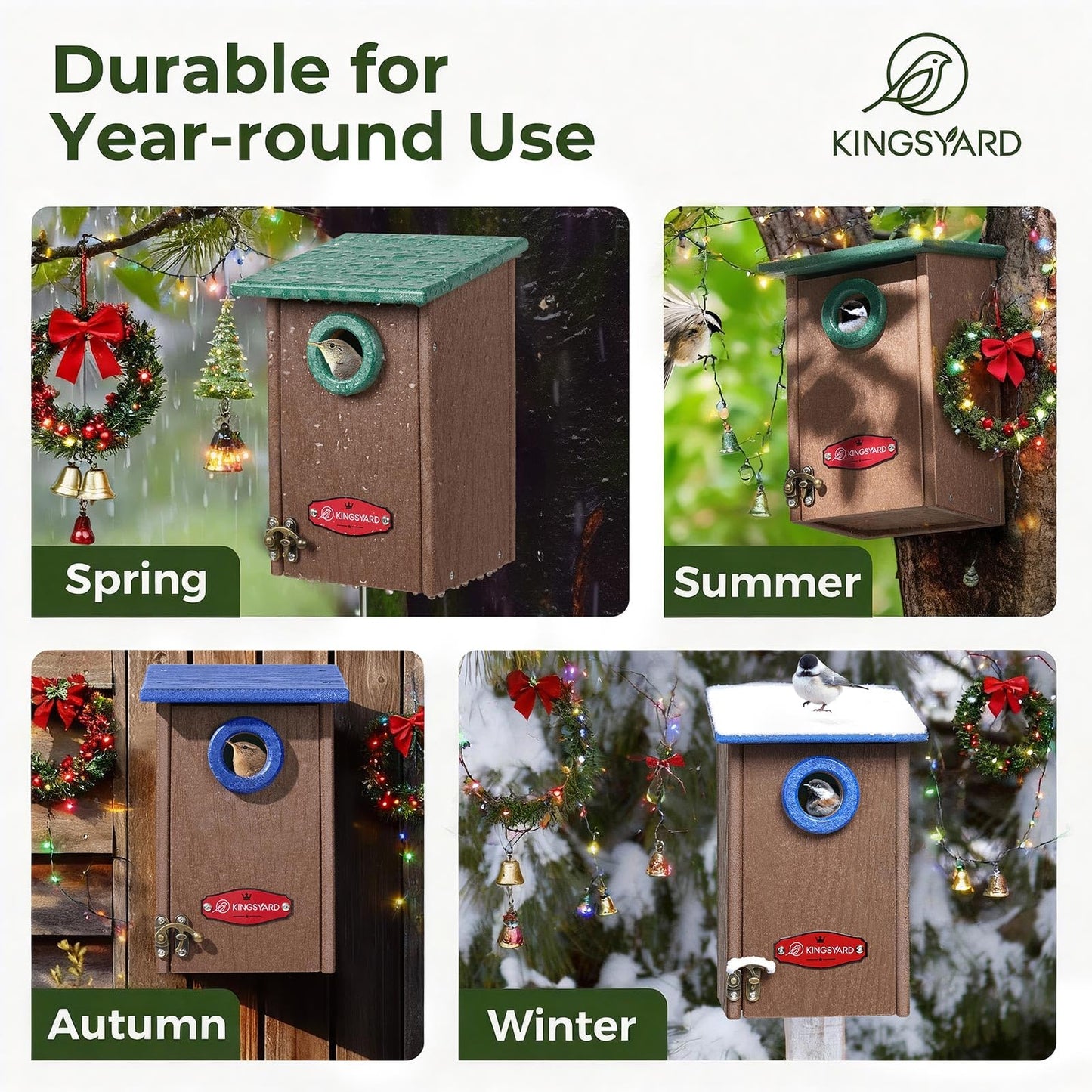 Kingsyard Recycled Plastic Bird House for Outdoors - Weatherproof Wren Bird Nesting with Predator Guard & Air Vents, Green