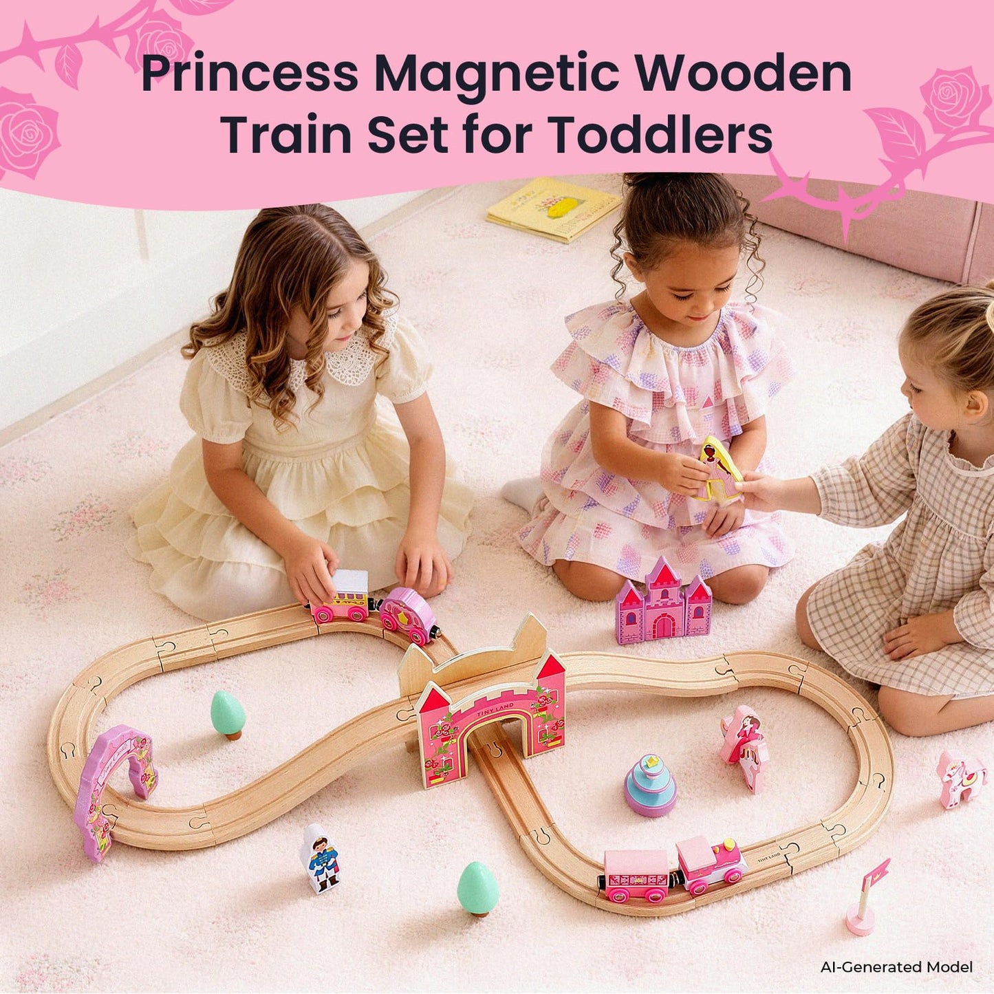 Tiny Land Wooden Train Set for Girls, 38PCS Unicorn Princess Train Set with Castle Bridge & Royal Accessories, Pink Fantasy Train Track Set, Gift for Toddlers Girl Toys Ages 3+